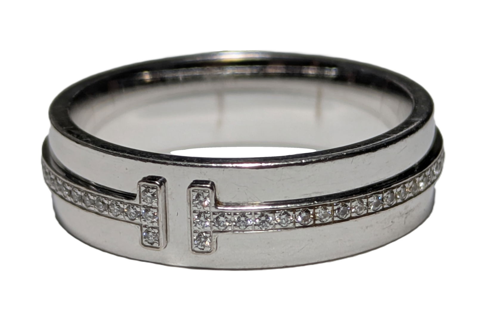 Tiffany & Co 18K White Gold Fine Diamond Tiffany T Narrow Band Ring Italy Signed Size 7.50 (1 of 7)