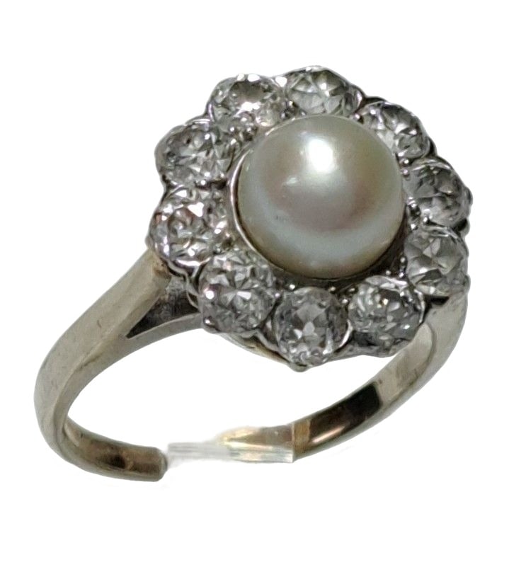 Approx. 2.0 Ctw Ultra White Ultra Clean Old European Diamond Halo Ring w/ Cool Pearl Size 6.5 (1 of 10)