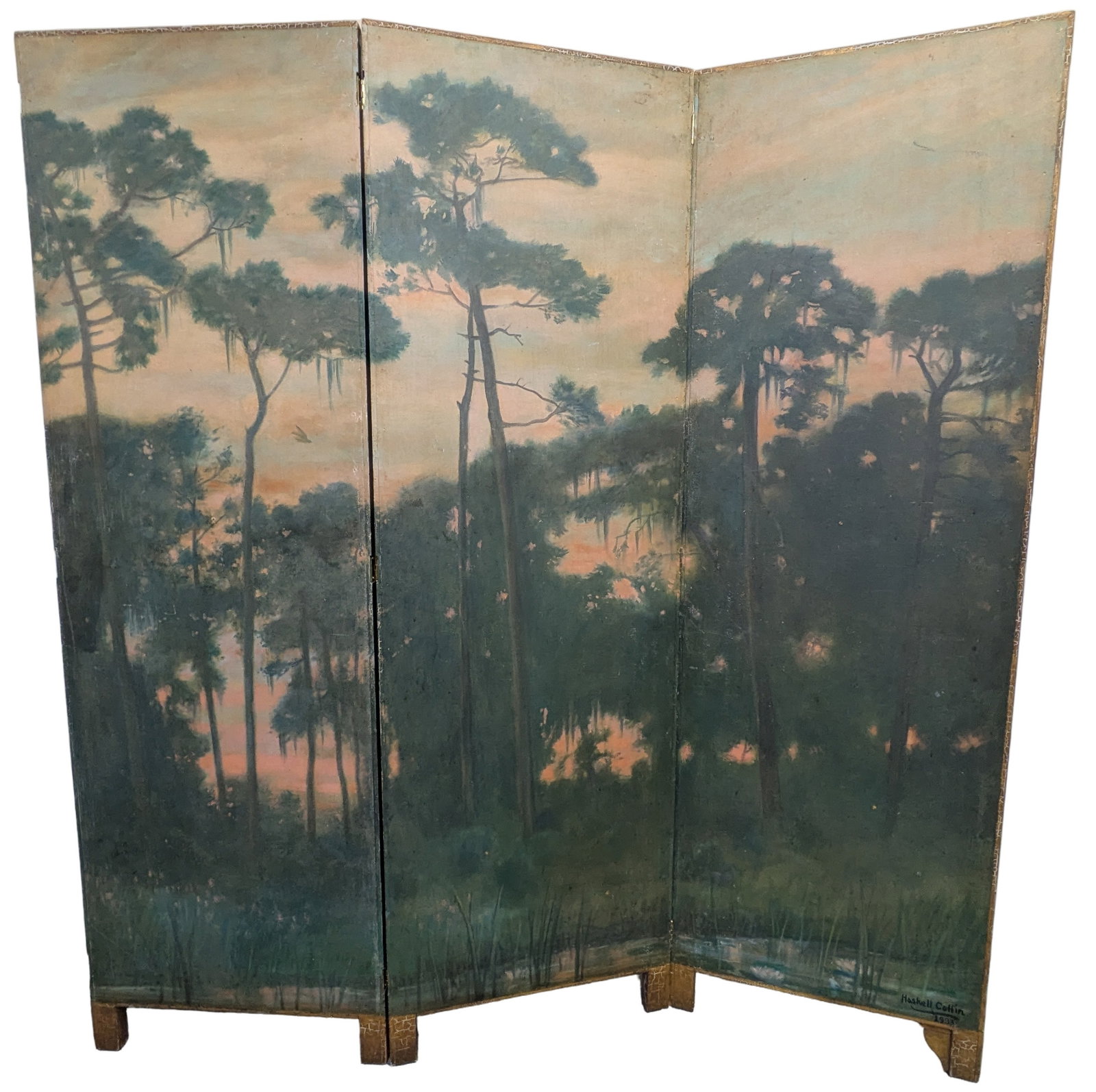 Original William Haskell Coffin Florida Forest Swamp Landscape Painted Biombo 3 Panel Room Divider (1 of 14)