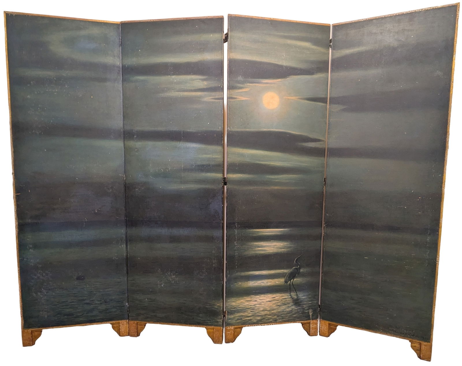 William Haskell Coffin Florida Nocturne Moonlight Heron Beachscape Painted Biombo 4 Panel Room Divid (1 of 14)