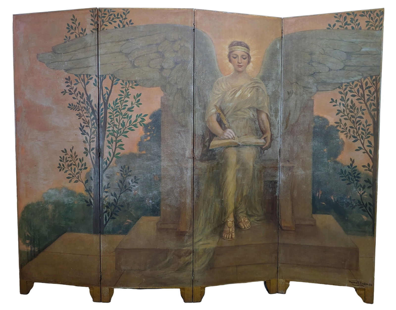 Original William Haskell Coffin Angel Scribe Winged Woman Biombo 4 Panel Room Divider: Described By:Dillon CNX 0395 1254 Title:Original William Haskell Coffin Angel Scribe Winged Woman Biombo 4 Panel Room Divider Description: Orig William Haskell Coffin Angel Scribe Winged Woman Biombo