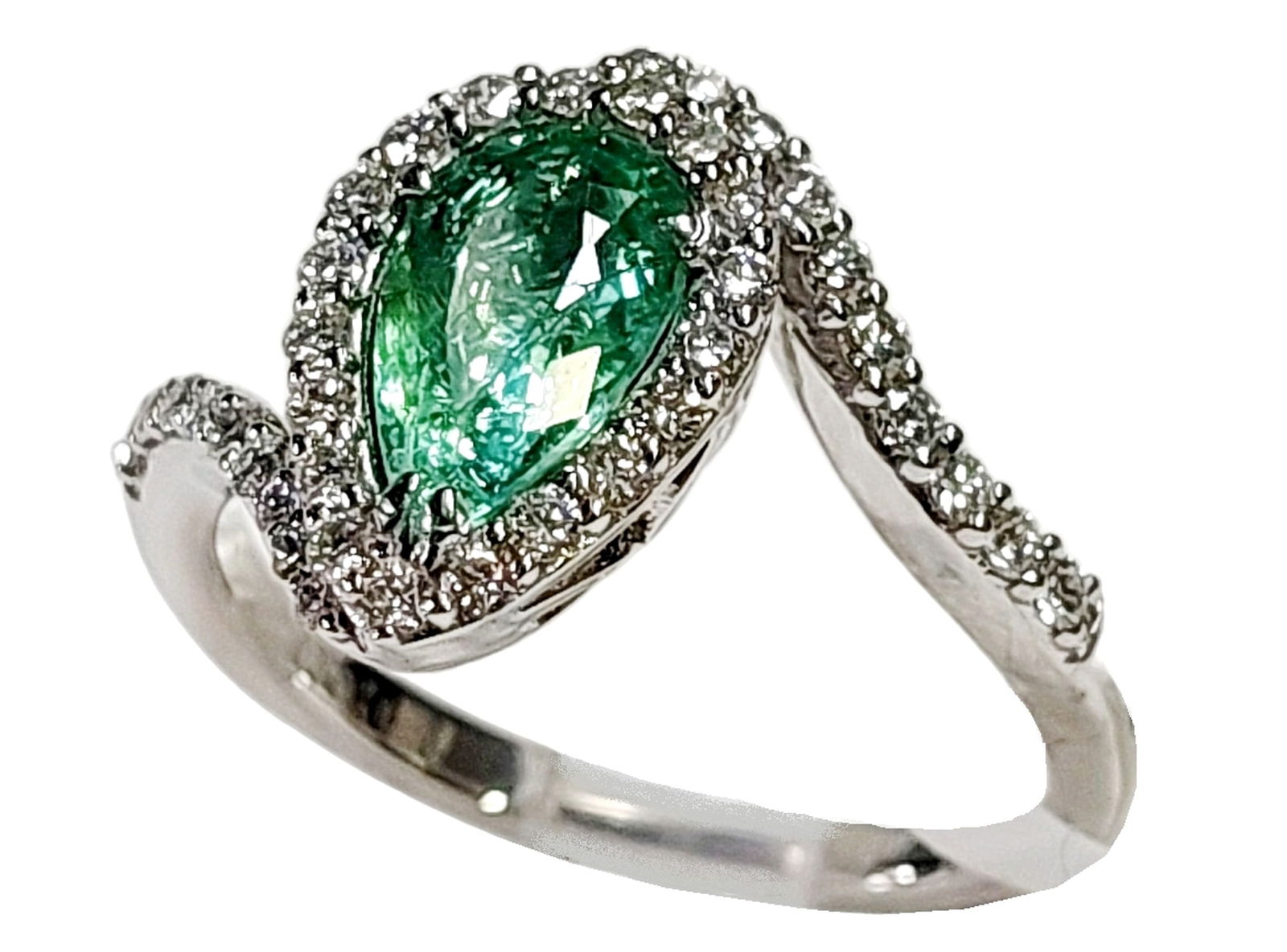 GIA Rare 1.15ct Pear Cut Paraiba Tourmaline Platinum Diamond Halo Oscar Freidman Ring w/ Appraisal: Title: GIA Rare 1.15ct Pear Cut Paraiba Tourmaline Platinum Diamond Halo Oscar Freidman Bypass Ring w/ Appraisal Description: A gem collectors dream here with this beautiful Oscar Freidman platinum &