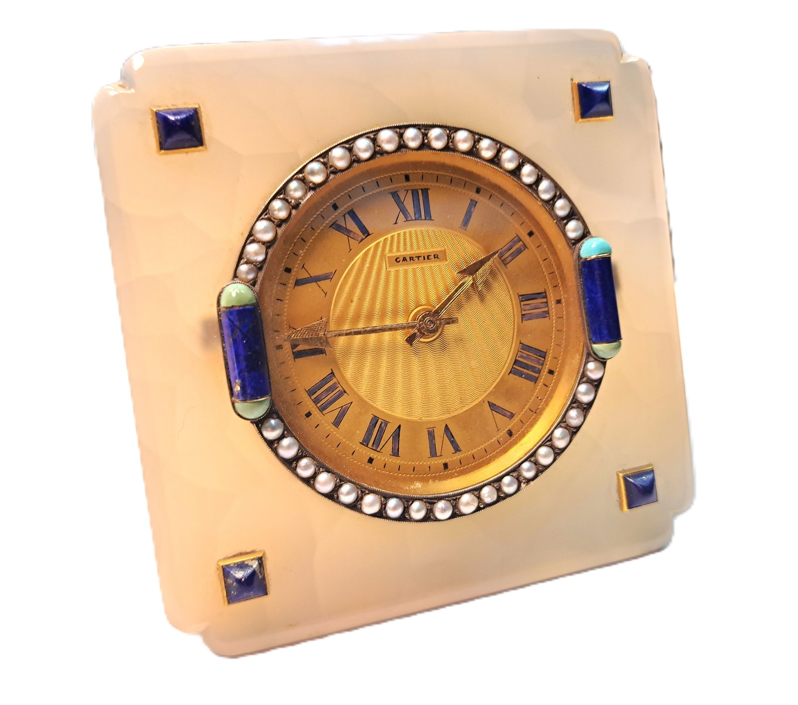 Cartier Very Art Deco Rock Crystal Turquoise Lapis Pearl Signed Numbered Desk Table Clock (1 of 1)