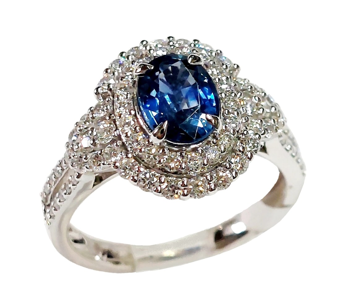 GIA 1.30ct No Heat Blue Sapphire Platinum 0.76ct Fine Diamond Halo Oscar Friedman Ring w/ Appraisal: Title: GIA 1.30ct No Heat Blue Sapphire Platinum 0.76ct Fine Diamond Halo Oscar Friedman Ring w/ Appraisal Description: An elegant platinum & diamond halo ring that features a very rare, stunningly B