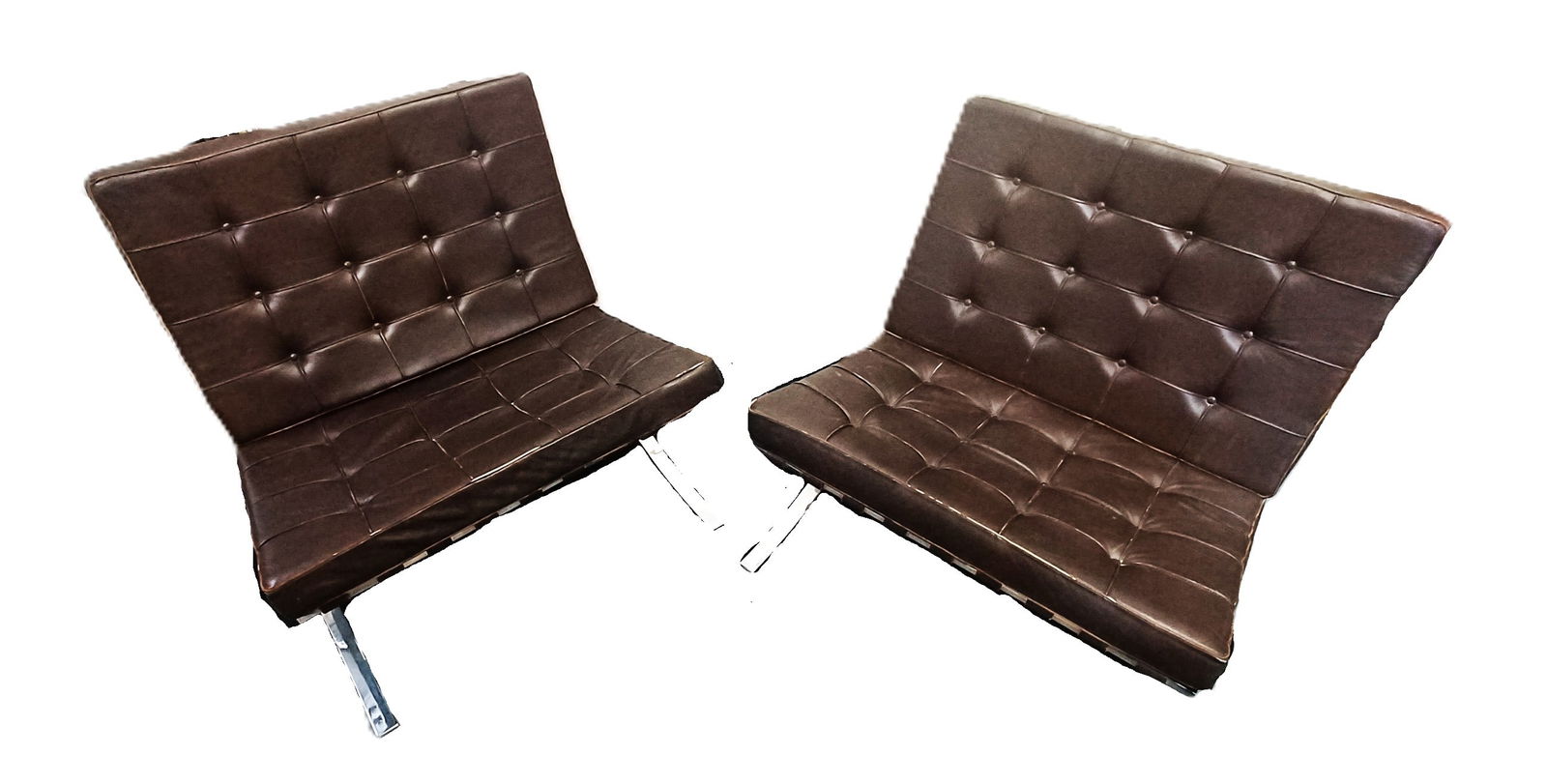 Pair Barcelona Chairs Chocolate Leather 40 Panels Welded Vintage MCM Ludwig Mies Vander Rohe Design (1 of 12)