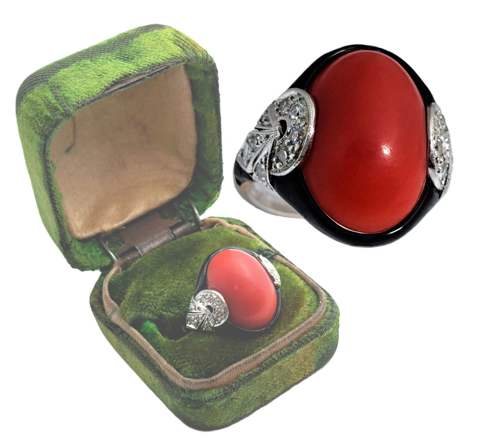 Rare Art Deco Untreated Red Coral Diamond Platinum 14k Gold Ladies Cocktail Ring: Described & Photographed By: AF HFA 69918 NFDDD Title: Rare Art Deco Untreated Red Coral Diamond Platinum 14k Gold Ladies Cocktail Ring Description:Rare Art Deco Untreated Red Coral Diamond Platinum