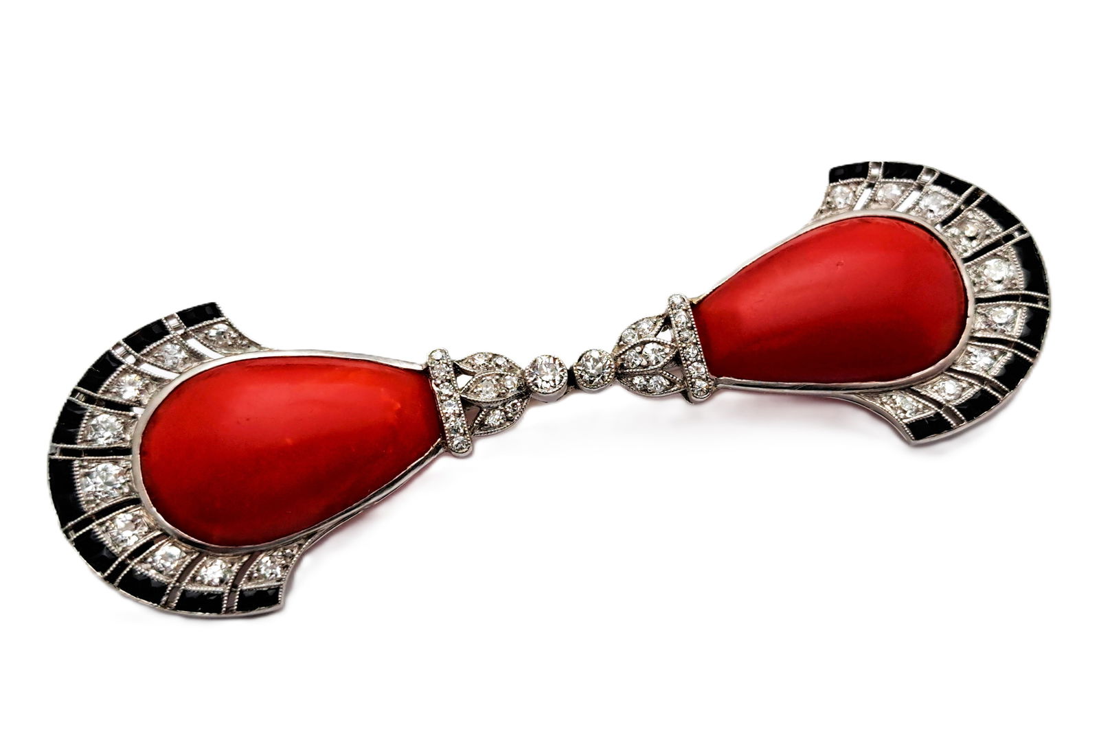 Platinum Gold GIA Untreated Bright Red Orange Coral Fine Diamond Art Deco Brooch (1 of 4)