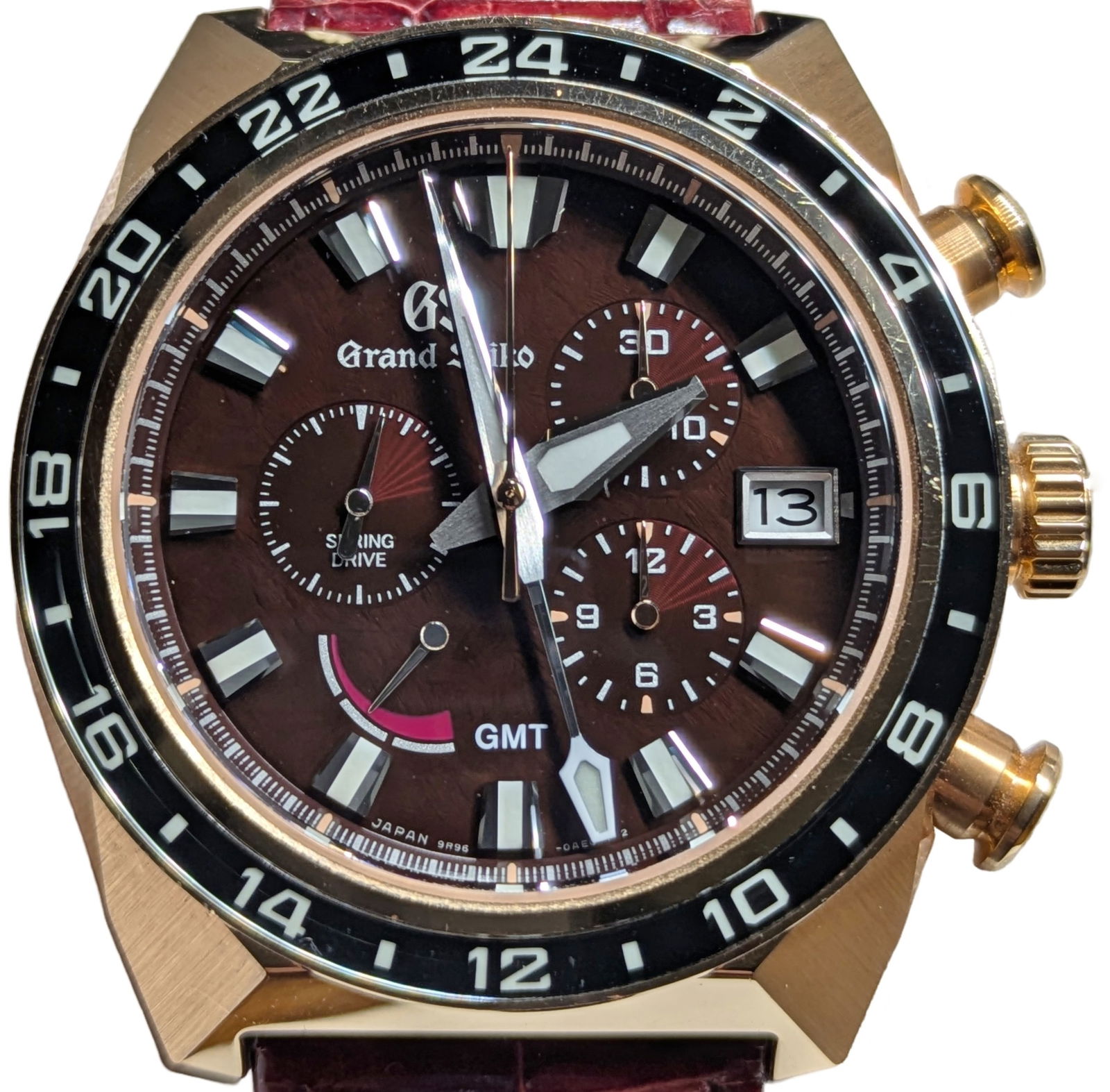 Grand Seiko Spring Drive Chronograph Limited Edition Lion SBGC230 GMT 18K Rose Gold Wrist Watch Box: Described By:Dillon SBGC230 NOGFDD Title:Grand Seiko Spring Drive Chronograph Limited Edition Lion SBGC230 GMT 18K Rose Gold Wrist Watch Box New Old Stock Description: Grand Seiko Spring Drive Chronog