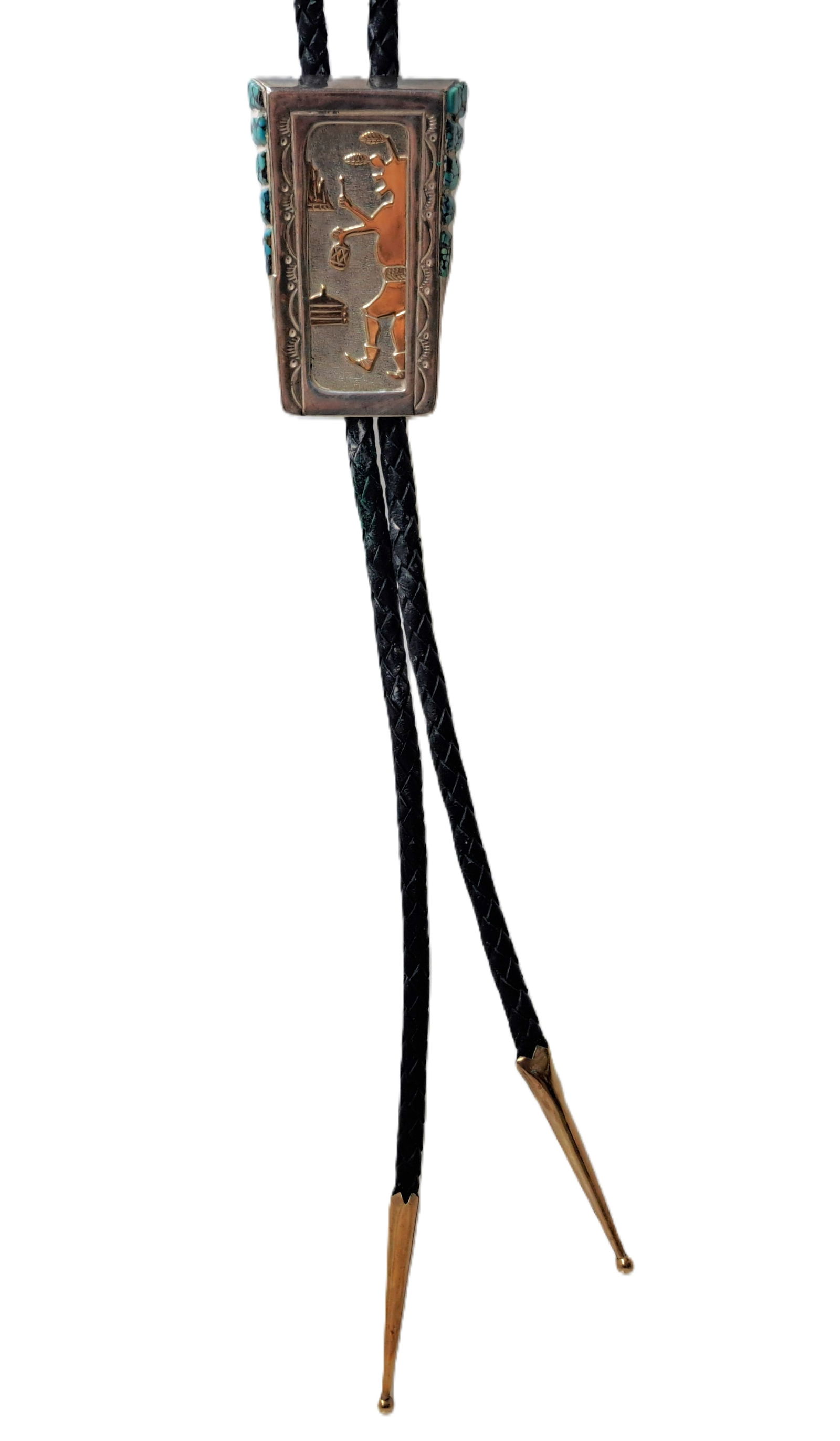 14k Gold Sterling Silver Navajo Leonard Kingsman Turquoise Vintage Mens Unisex Bolo Tie (1 of 6)