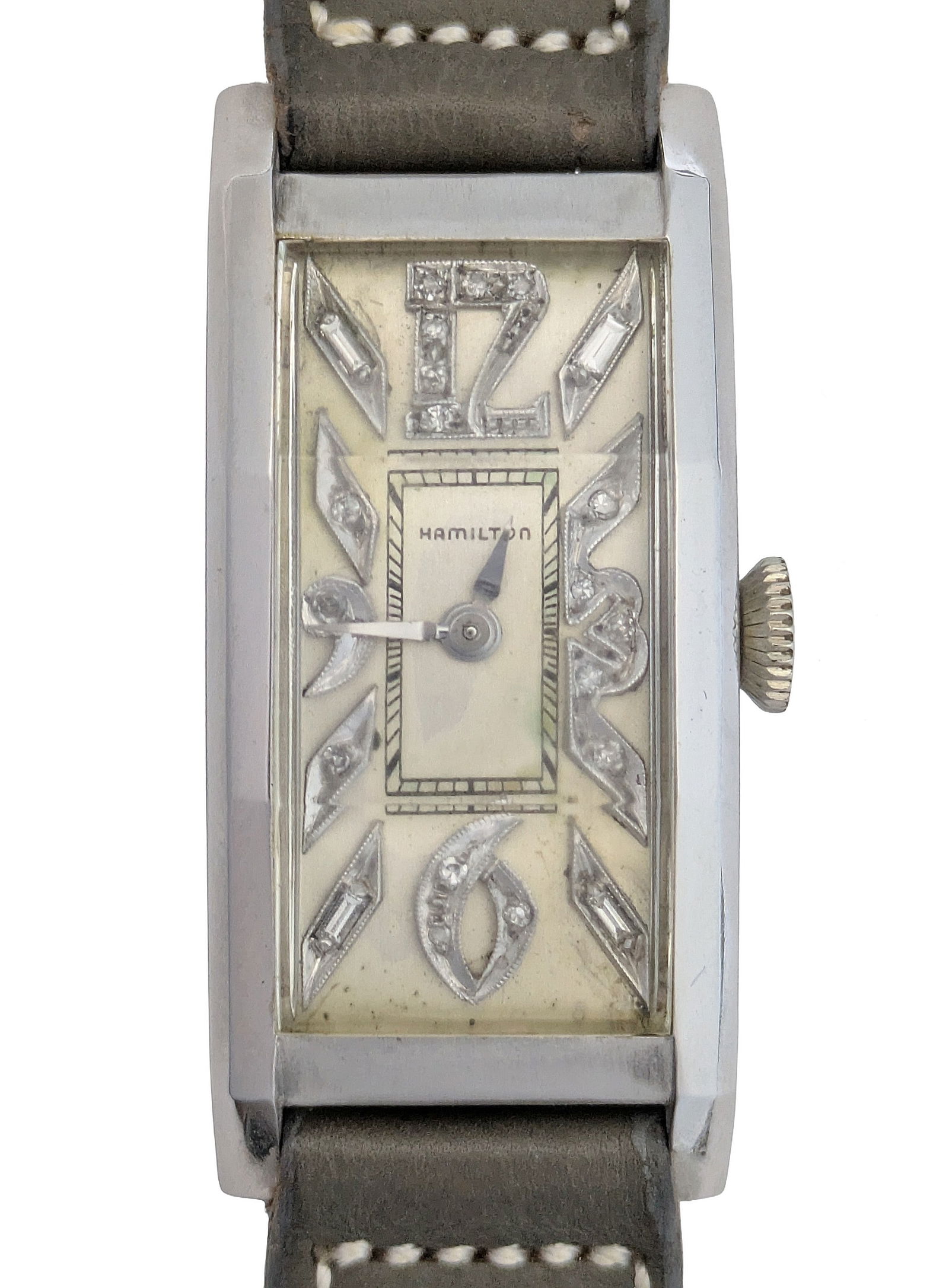 Brand New Old Stock Never Worn Hamilton Platinum Factory Diamond Ultra Long Retro Deco Watch Case: Described By:Dillion 69953 NFYDD Title:Brand New Old Stock Never Worn Hamilton Platinum Factory Diamond Ultra Long Mens Retro Deco Wrist Watch w/ Orig Case Description: Brand New Old Stock Never Worn
