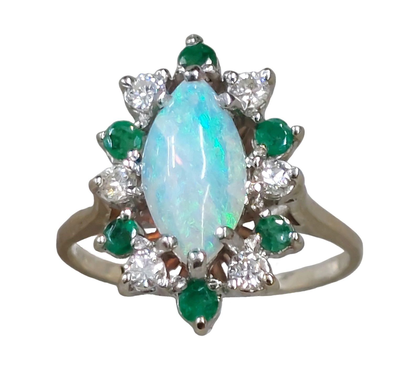 Fine Australian Opal Natural Emerald Diamond 14k White Gold Ladies Midcentury Halo Ring (1 of 8)