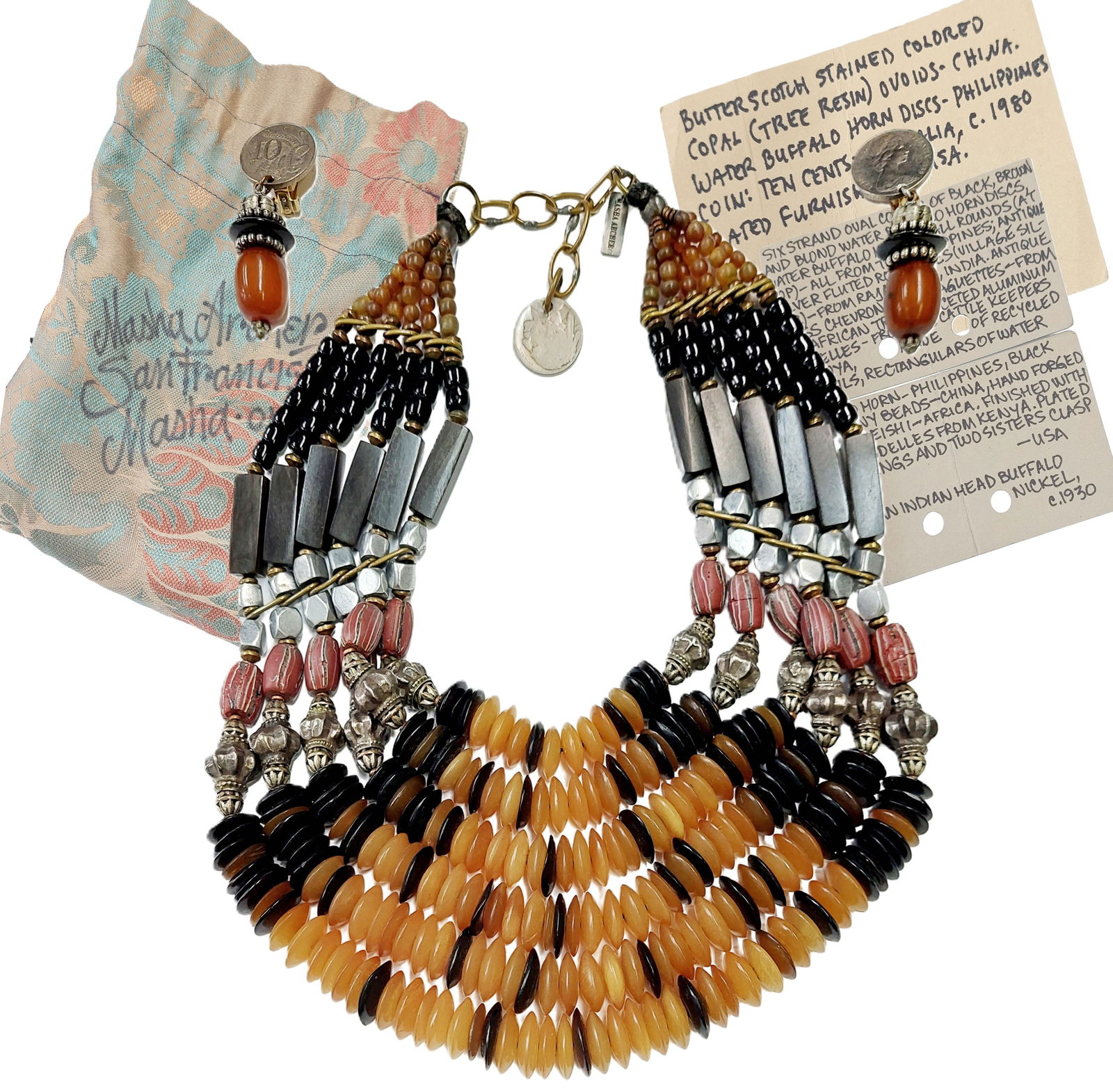 Vintage Masha Archer Handcrafted Multi Strand Southwest Motif Statement Necklace & Earring Suite: Title: Vintage Masha Archer Handcrafted Multi Strand Southwest Motif Statement Necklace & Earring Suite w/ Pouch Description: This statement necklace is a fusion of materials from varying cultures aro