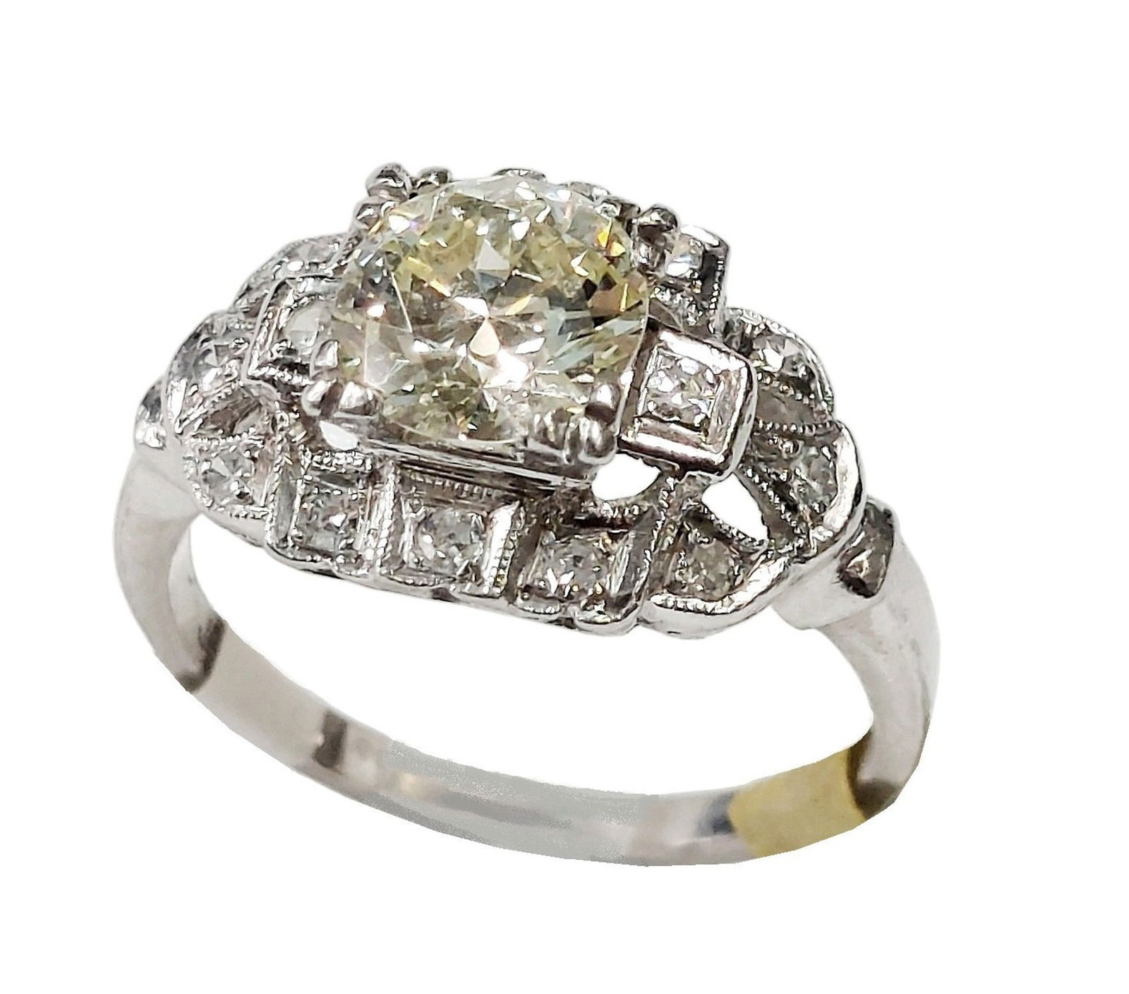 Art Deco Approx 1.18ct Natural Light Yellow Diamond Center Antique Platinum Ring 1930s (1 of 9)