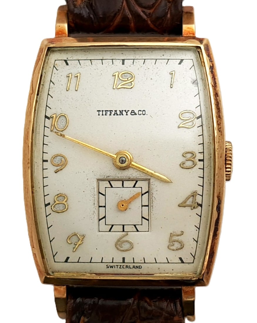 Tiffany Co 14k Gold Art Deco Mens Long Vintage Designer Running Wrist Watch (1 of 5)