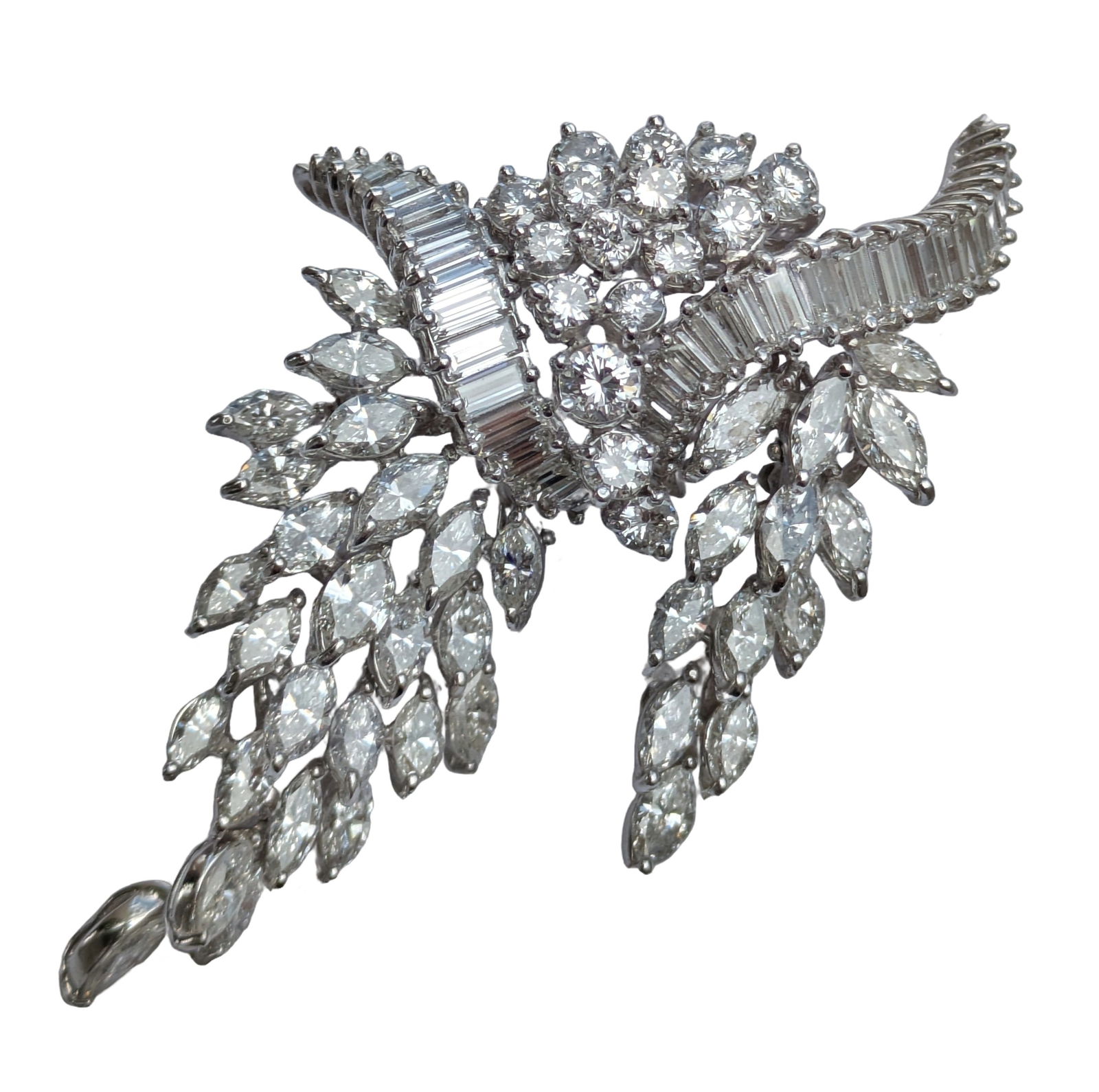 Aprx 18ct F/H VS+ Multi Hinged Platinum Midcentury Fine Diamond Brooch Pin: Described & Photographed By: Dillon 70236 NGEDD Title: Aprx 18ct F/H VS+ Multi Hinged Platinum Midcentury Fine Diamond Brooch Pin Description:Aprx 18ct F/H VS+ Multi Hinged Platinum Midcentury Fine Di