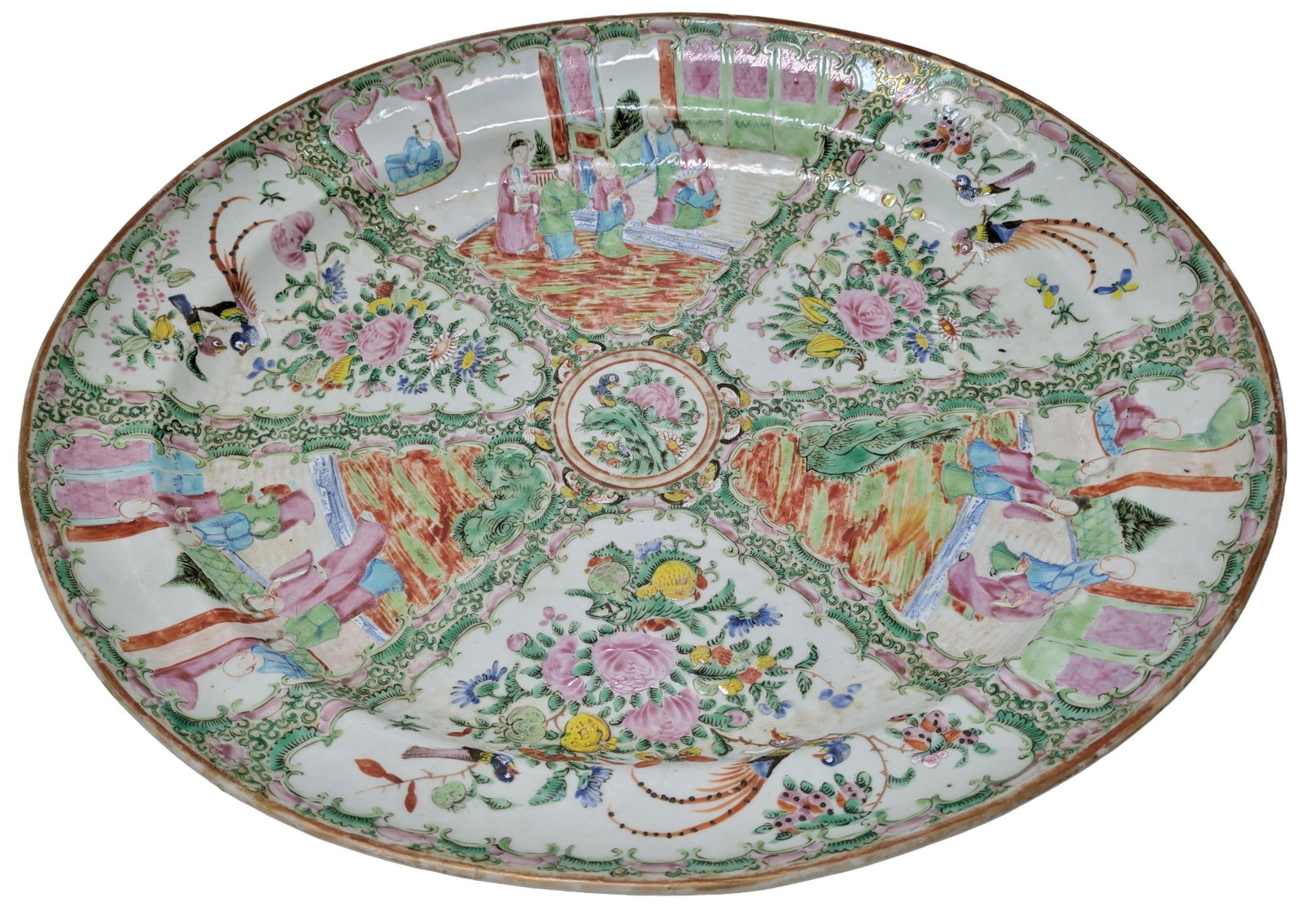 Giant Antique Chinese Rose Medallion 18.25 x 15.13 x 2.13 Inch Oval Serving Plate Platter 19c Export: Described By:Dillon HFA DT Title:Giant Antique Chinese Rose Medallion 18.25 x 15.13 x 2.13 Inch Oval Serving Plate Platter 19c Export Porcelain Weighs Aprx 3107g Description: Giant Antique Chinese Ros