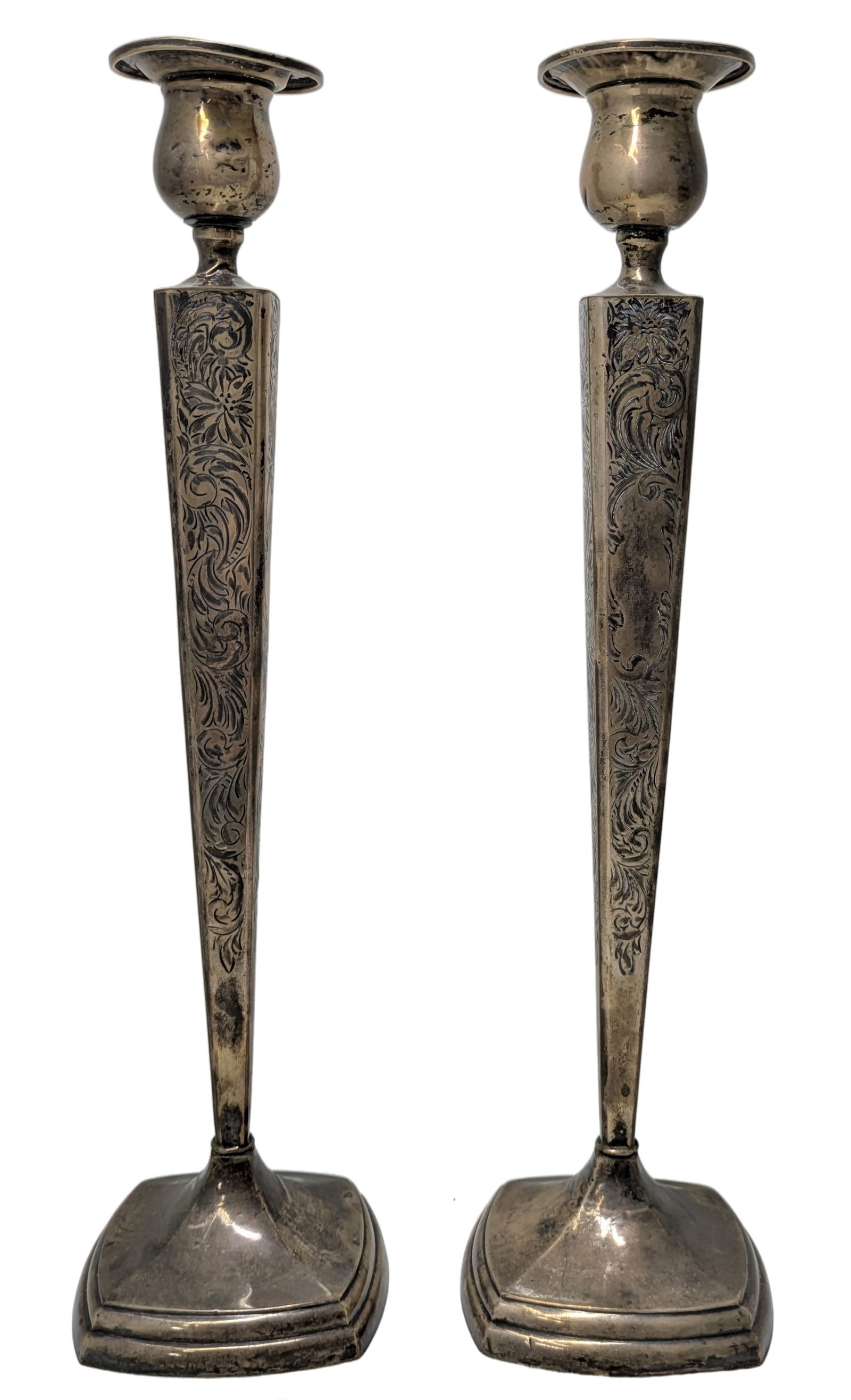 Pair of Edwardian Sterling Silver 14 Inch Weighted Candlesticks Holders: Described By:Dillon CNX VX 0420 1349 Title:Pair of Edwardian Sterling Silver 14 Inch Weighted Candlesticks Holders Description: Pair of Edwardian Sterling Silver 14 Inch Weighted Candlesticks Holders.