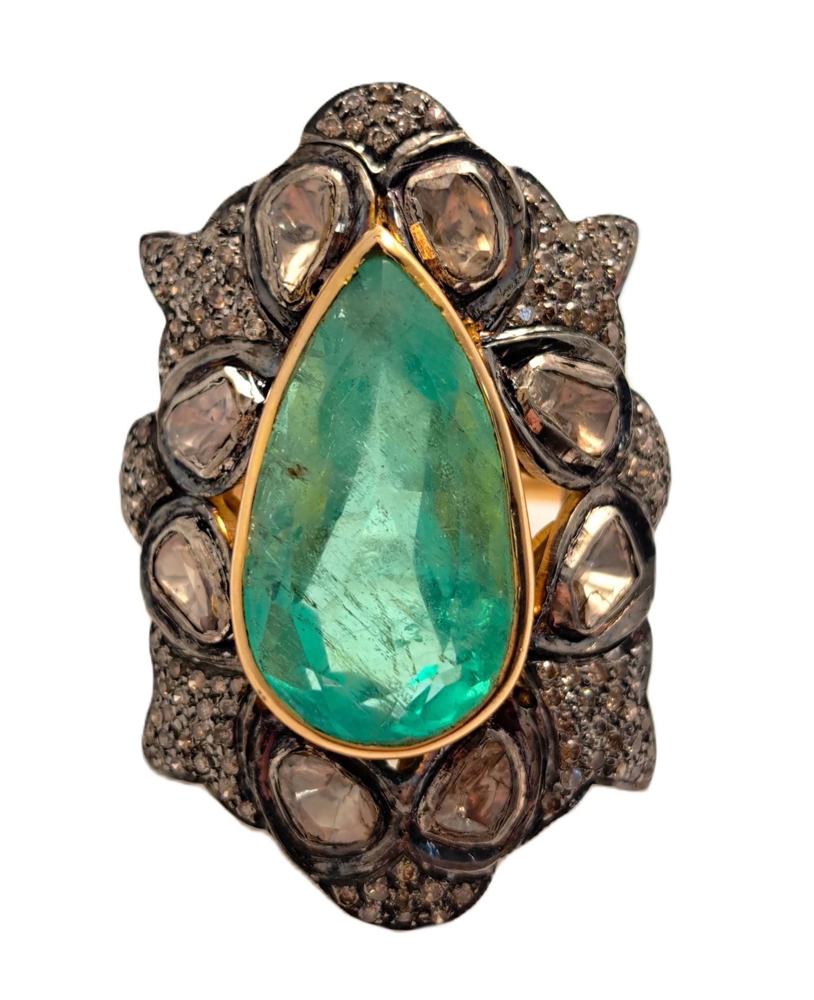 Huge Victorian GIA Colombian Emerald 8CT Pear Old Cut Diamond Statement Ring: Described & Photographed By: Rachel HFA DT70284 NFYDD Title: Huge Victorian GIA Colombian Emerald 8CT Pear Old Cut Diamond Statement Ring Description:This piece is absolutely stunning in every way fr