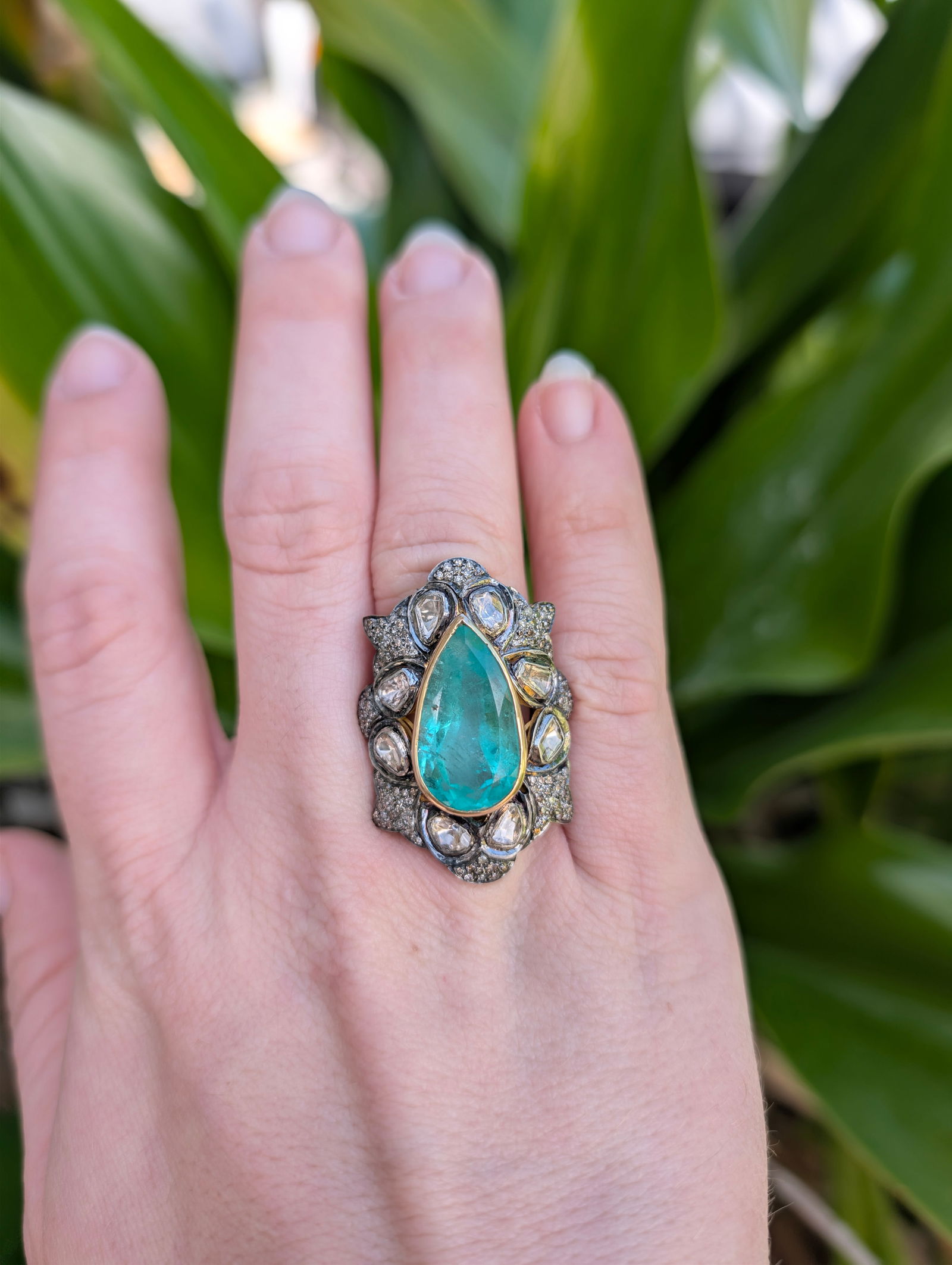 Huge Victorian GIA Colombian Emerald 8CT Pear Old Cut Diamond Statement Ring - 3