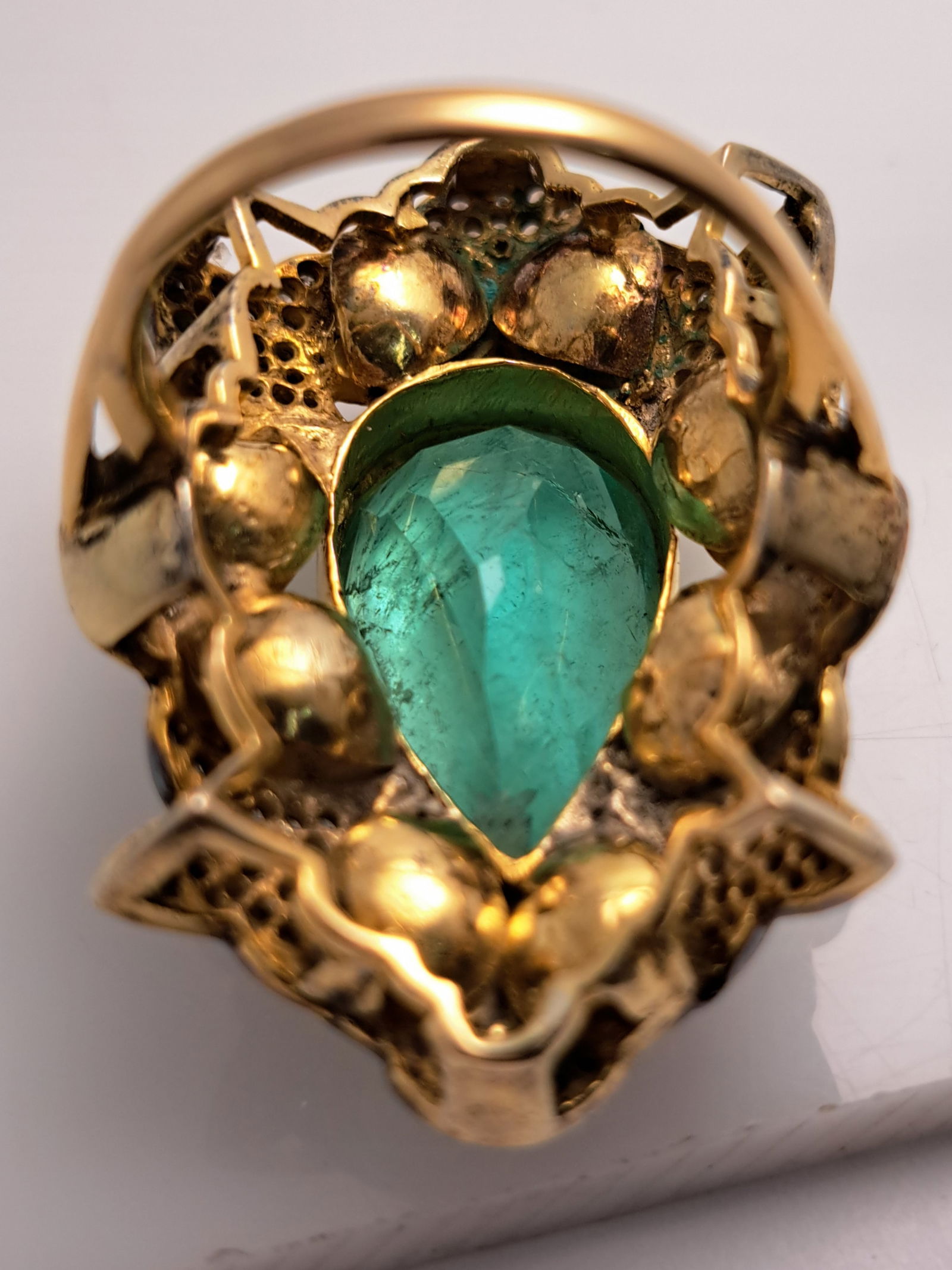 Huge Victorian GIA Colombian Emerald 8CT Pear Old Cut Diamond Statement Ring - 4
