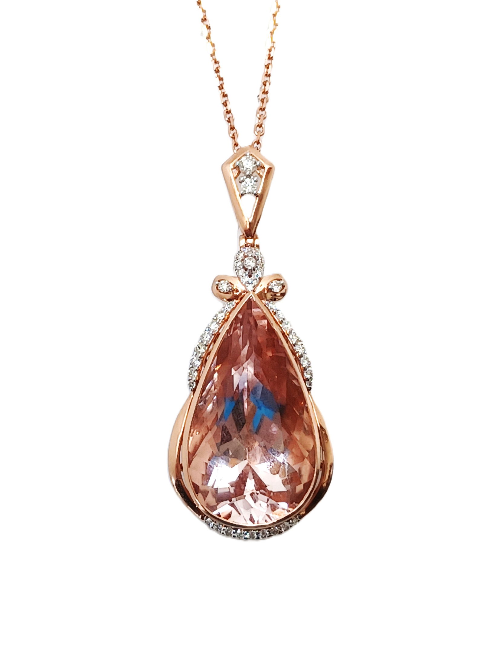 14k Rose Gold 18ctw Tear Drop Shaped Morganite Beryl & 0.39ctw Diamond Pendant w/ Necklace: Described & Photographed By: Rafe CNX 0428 1394 Title: 14k Rose Gold 18ctw Tear Drop Shaped Morganite Beryl & 0.39ctw Diamond Pendant w/ Necklace Description:Gemstone: Morganite Beryl Nature: Natura