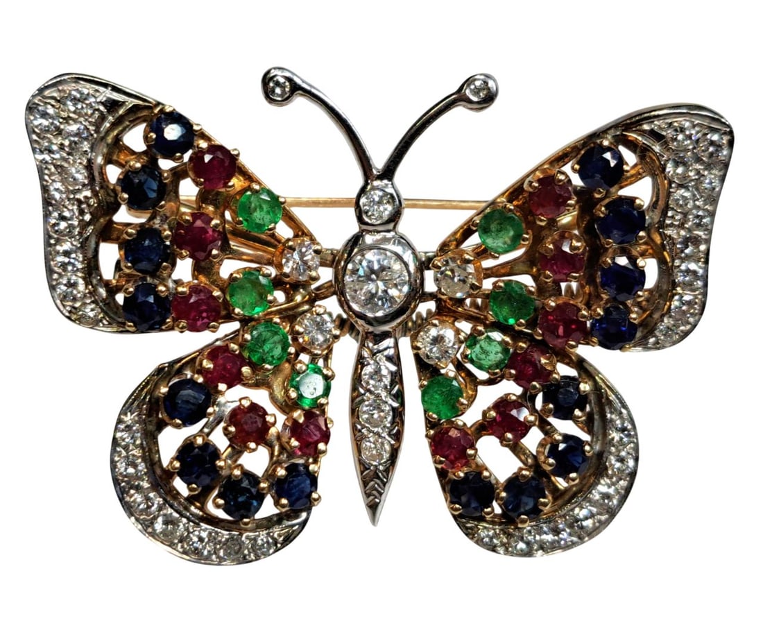 En Tremblant 14k Yellow White Gold 3.76ctw Fine Diamond Sapphire Ruby Emerald Butterfly Brooch 22g (1 of 6)