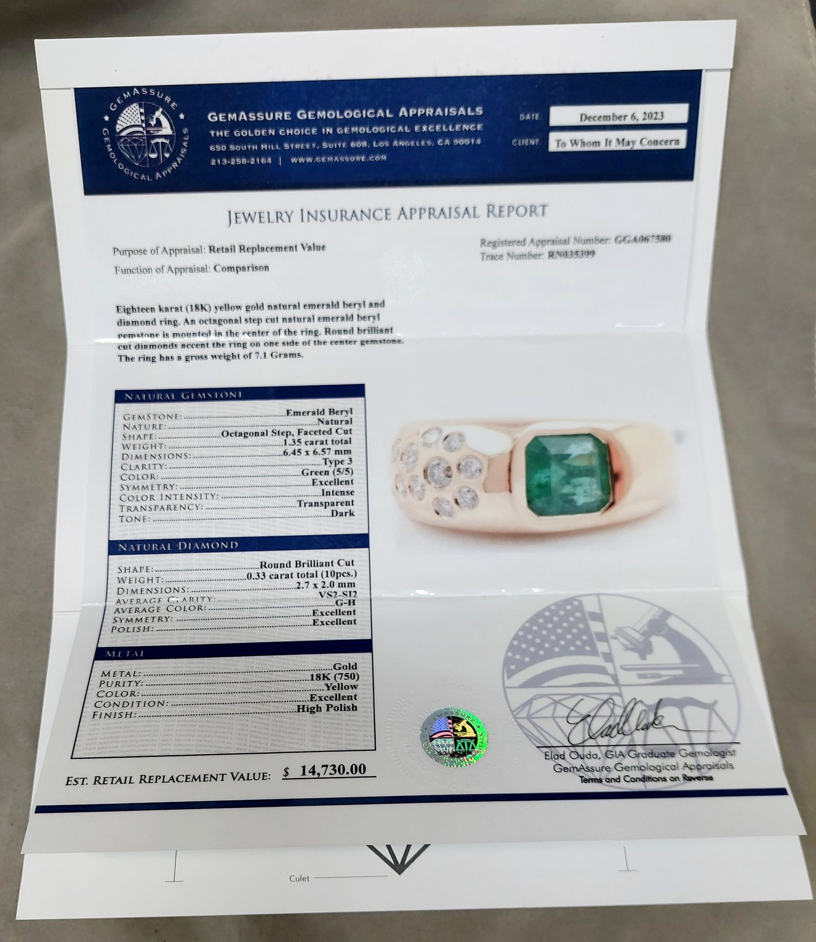 Unique 1.35ct Gem Quality Emerald Fine Diamond 18k Gold Designer Aaron Gottlieb Ring w/ Appraisal - 11