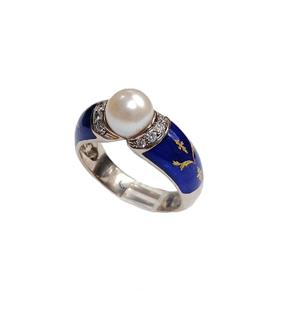 Sensational Faberge 18k White Gold Enamel Cultured Pearl Natural Diamond Ladies Ring Size 7.25 (1 of 6)