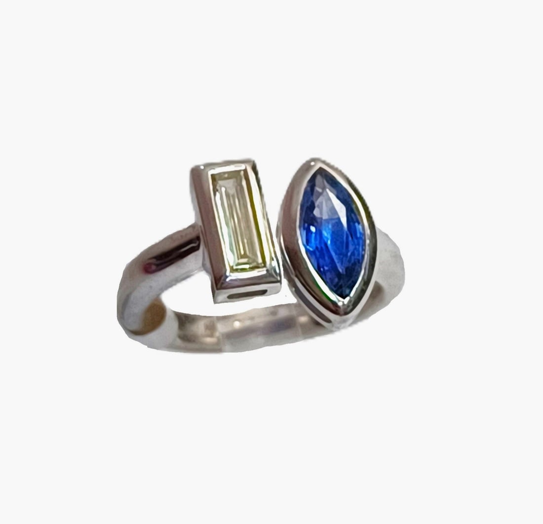 Toi Y Moi 1.35ctw Marquise Sapphire 0.39 Baguette Fine Diamond Modernist Ring: Described & Photographed By: Rafe CNX 0428 1393 Title: 1.35ctw Marquise Sapphire Platinum Ring w/ Adjacent 0.39 Baguette Cut Diamond Ring Description: