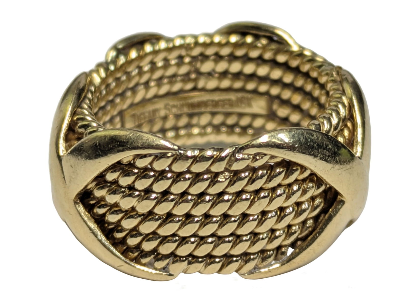 Large Size Schlumberger Tiffany & Co 18K Yellow Gold X Rope Band Ring (1 of 5)