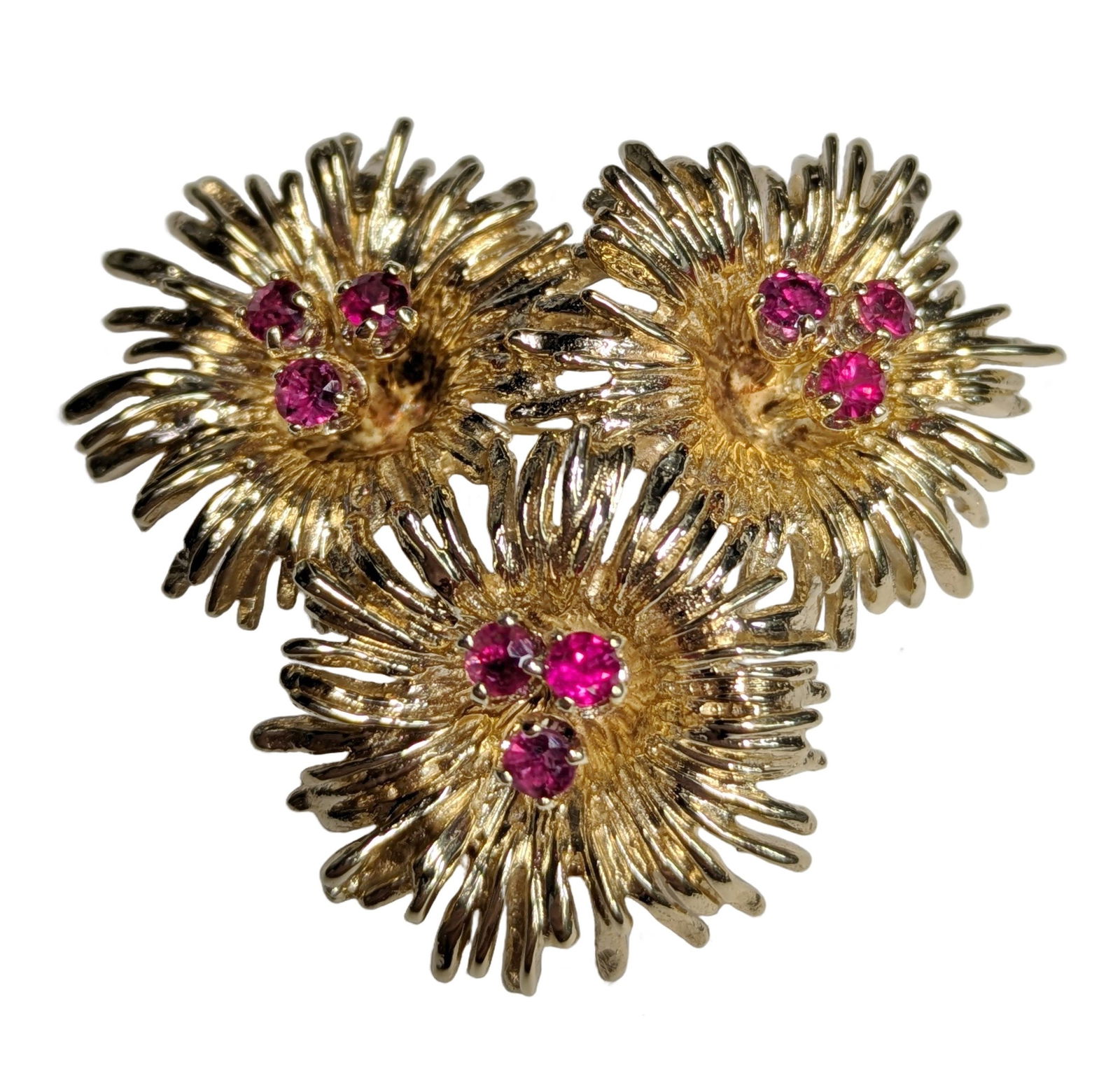 Tiffany & Co Mid Century Triple Flower 14K Gold Natural Ruby Brooch Pin: Described & Photographed By: Dillon 70376 NFFDD Title: Tiffany & Co Mid Century Triple Flower 14K Gold Natural Ruby Brooch Pin Description:Tiffany & Co Mid Century Triple Flower 14K Gold Natural Ruby