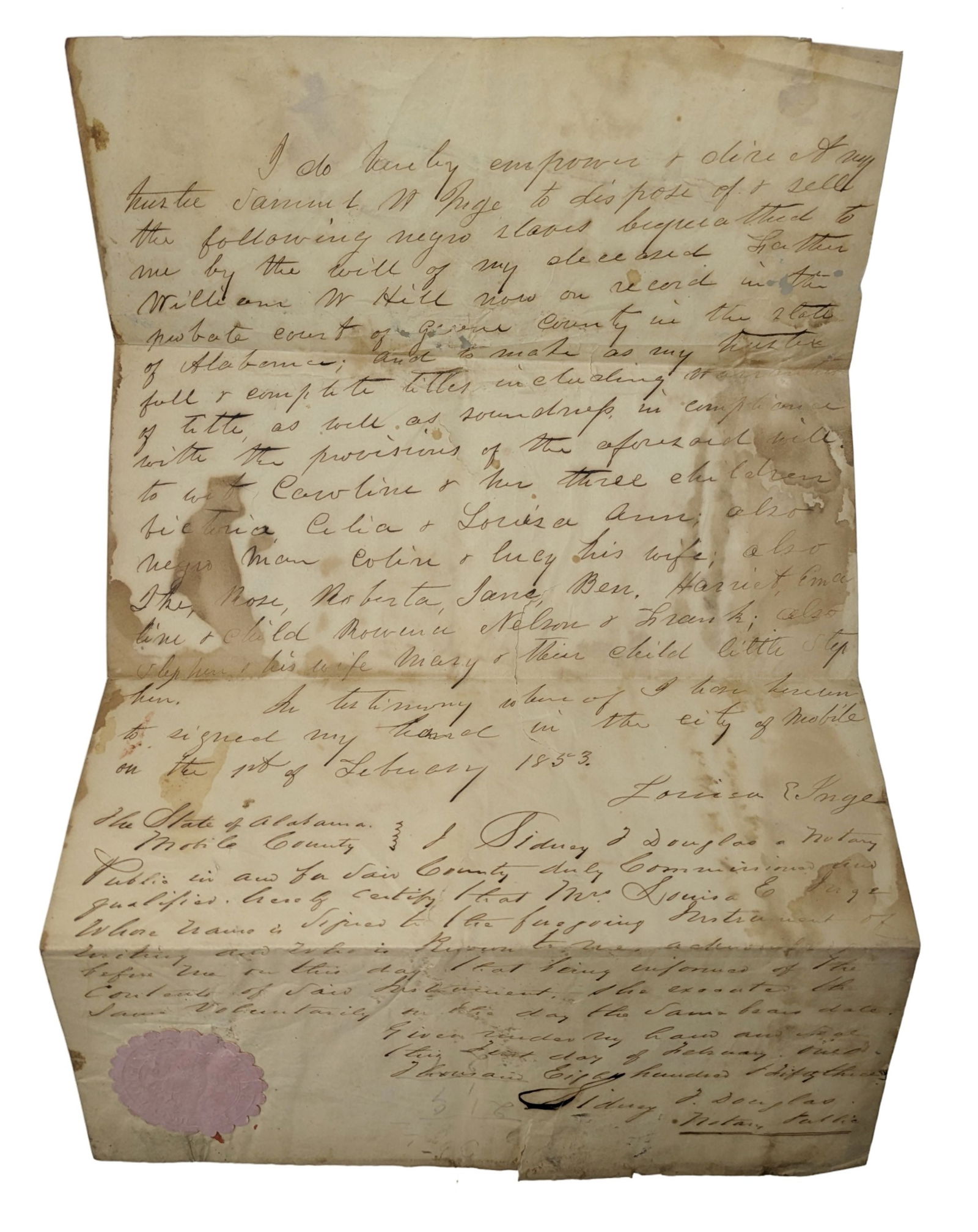 Negro 18 Slave Mobile Alabama 1853 Sale Letter African American Southern Slavery Pre Civil War By (1 of 11)