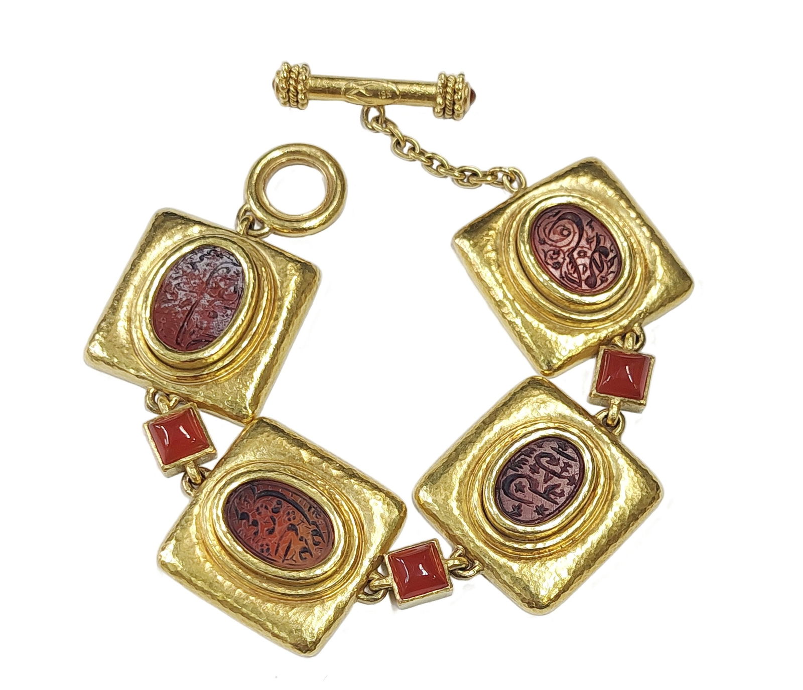 Elizabeth Locke Heavy 18k Gold Carved Stone Mogul Empire or Persian Intaglio Bracelet: Described & Photographed By:CHRIS AJP GIA / NFDDDD DT70373 Title: Elizabeth Locke Heavy 18k Gold Carved Stone Mogul Empire or Persian Intaglio Bracelet Description: An impressive looking 18k gold brac
