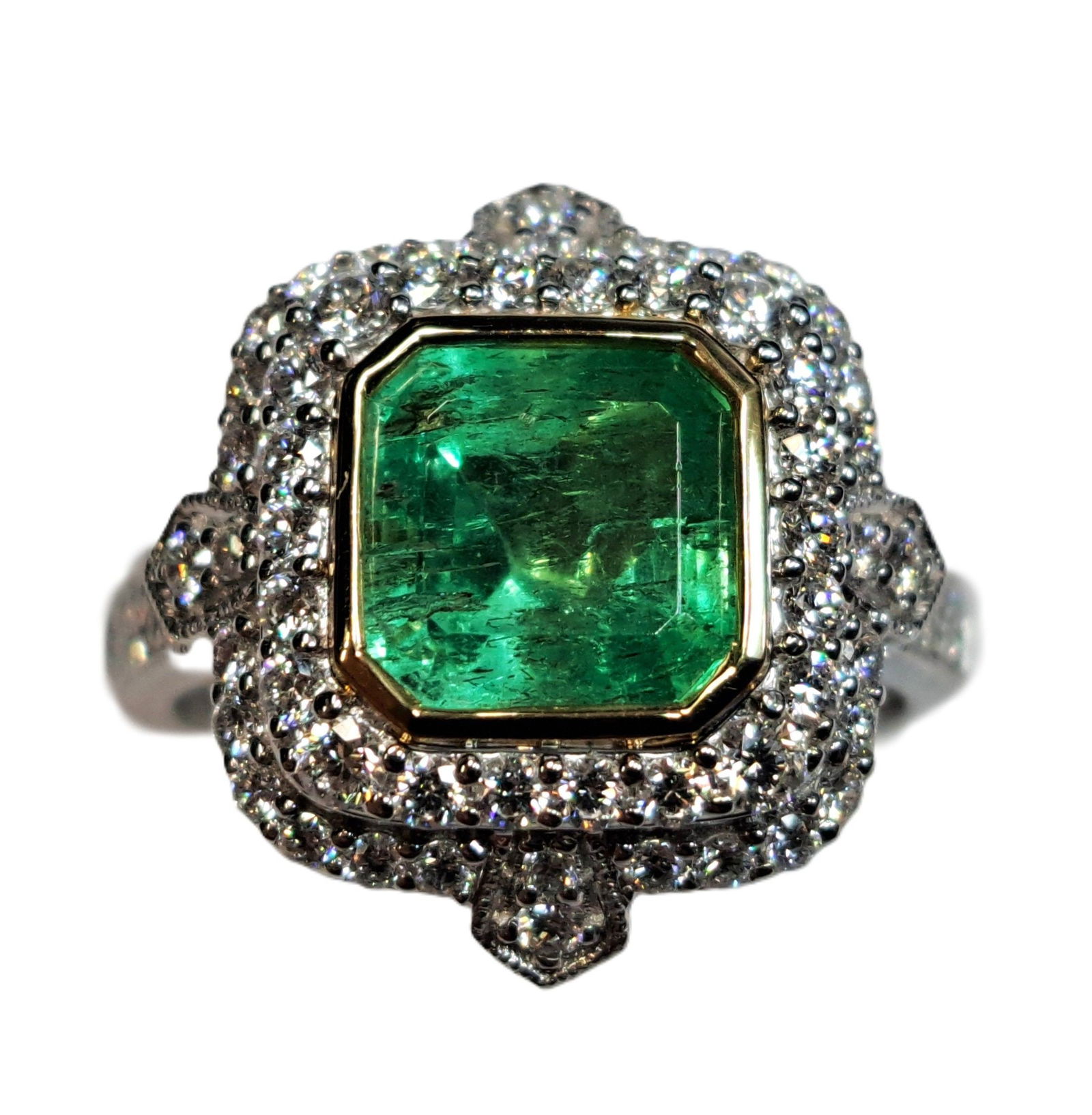 Designer Signed 18k Yellow Gold Platinum 2.94ctw Emerald Diamond Ring with AIGL and GIA: Described & Photographed By: Mike CNX 0438 1416 Title: Designer Signed 18k Yellow Gold Platinum 2.94ctw Emerald Diamond Ring with AIGL and GIA Description: Estimate 4000-6000This ring combines timel
