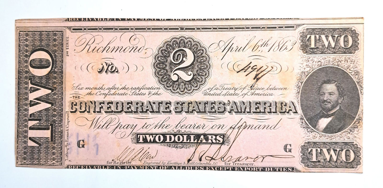 1863 Confederate States 2 Dollars CSA Bank Note Dollar Bill Columbia South Carolina SC Judah: Described By:Rafe HFAVX Title1863 Confederate States 2 Dollars CSA Bank Note Dollar Bill Columbia South Carolina SC Judah Benjamin Portrait Denomination:2 Dollars Description:1863 Confederate State