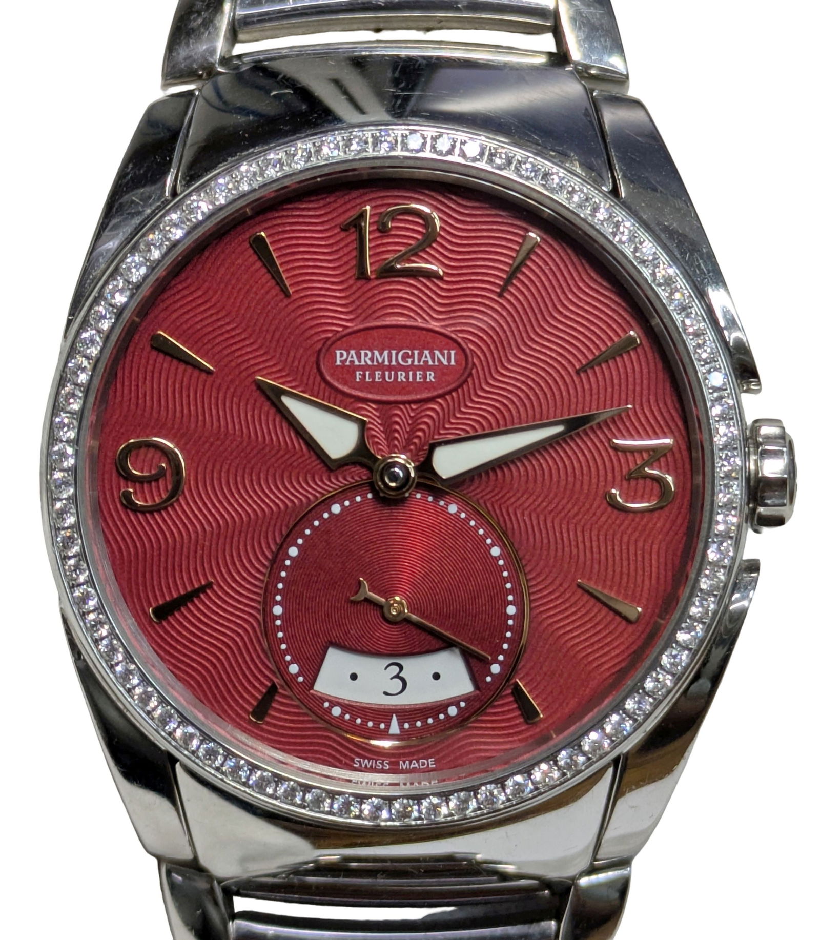 Parmigiani Fleurier Diamond Bezel Ladies Date Red Dial Automatic Wrist Watch Box Papers: Described By:Dillon DT70808 NODDD Title:Parmigiani Fleurier Diamond Bezel Ladies Date Red Dial Automatic Wrist Watch Box Papers Description: Parmigiani Fleurier Diamond Bezel Ladies Date Red Dial Auto