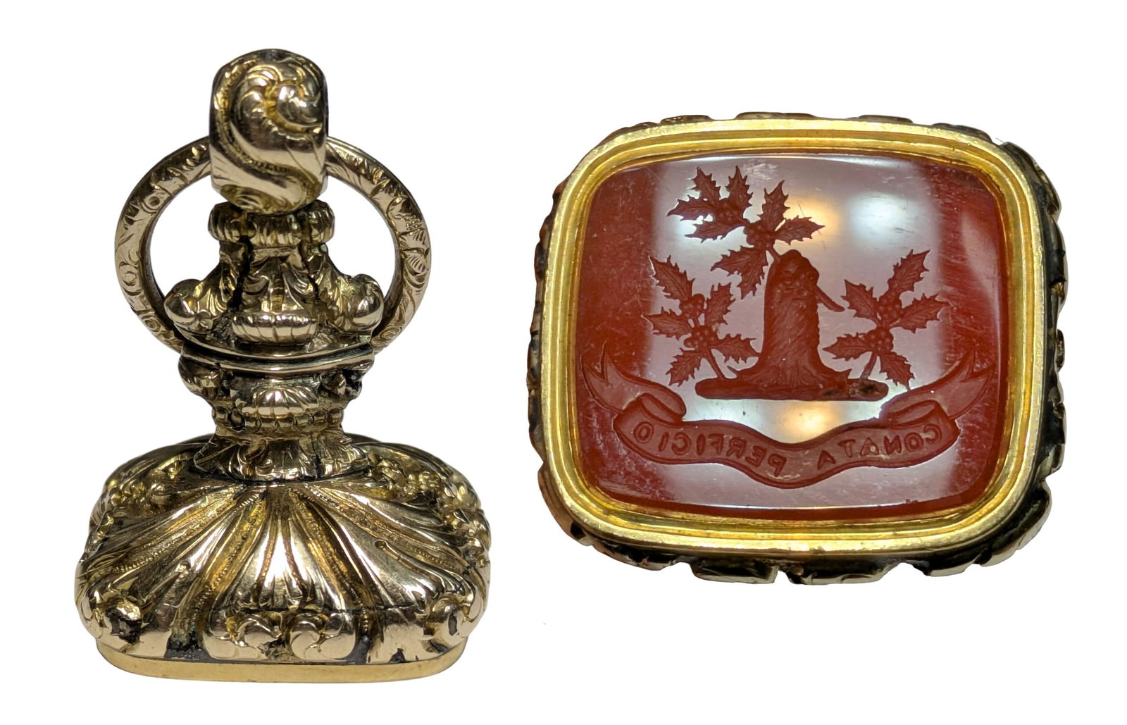 Large Heavy Gold Filled Carnelian Carved Intaglio Wax Seal Conata Perficio Pocket Watch Fob: Described & Photographed By: Dillon CNX 0444 1422 Title: Large Heavy Gold Filled Carnelian Carved Intaglio Wax Seal Conata Perficio Pocket Watch Fob Description:Large Heavy Gold Filled Carnelian Carv