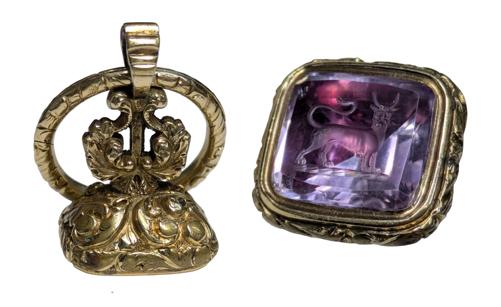 Antique Heavy Gold Filled Carved Purple Stone Intaglio Manticore Wax Seal Pocket Watch Fob: Described & Photographed By: Dillon CNX 0444 1423 Title: Antique Heavy Gold Filled Carved Purple Stone Intaglio Manticore Wax Seal Pocket Watch Fob Description:Antique Heavy Gold Filled Carved Purpl