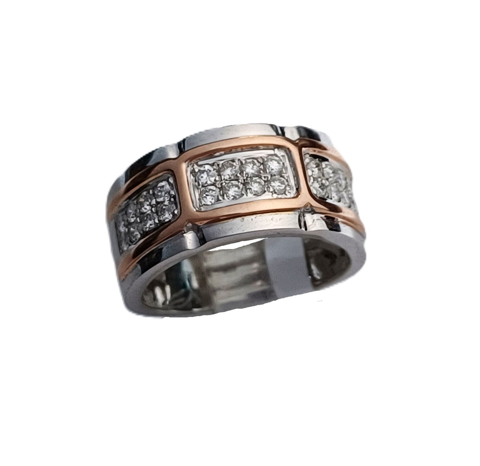 14k White Rose Gold Two Tone Mens Fine White Diamond Wide Band Ring Size 9.75: Described & Photographed By: Rafe CNX 0428 1396 Title: 14k White Rose Gold Two Tone Mens Fine White Diamond Wide Band Ring Size 9.75 Description:MAIN GEMSTONES Identity: Natural Diamond Shape: Ro