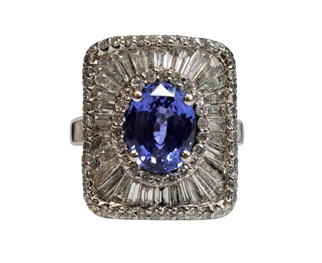 Approx 2.75ct Natural Blue Sapphire Approx 3ctw Fine White Diamond Long Baguette Diamond Halo 18k: Described & Photographed By: Mike NFYDD DT70784 Title: Approx 2.75ct Natural Blue Sapphire Approx 3ctw Fine White Diamond Long Baguette Diamond Halo 18k White Gold Ring Description: Beautiful! Make