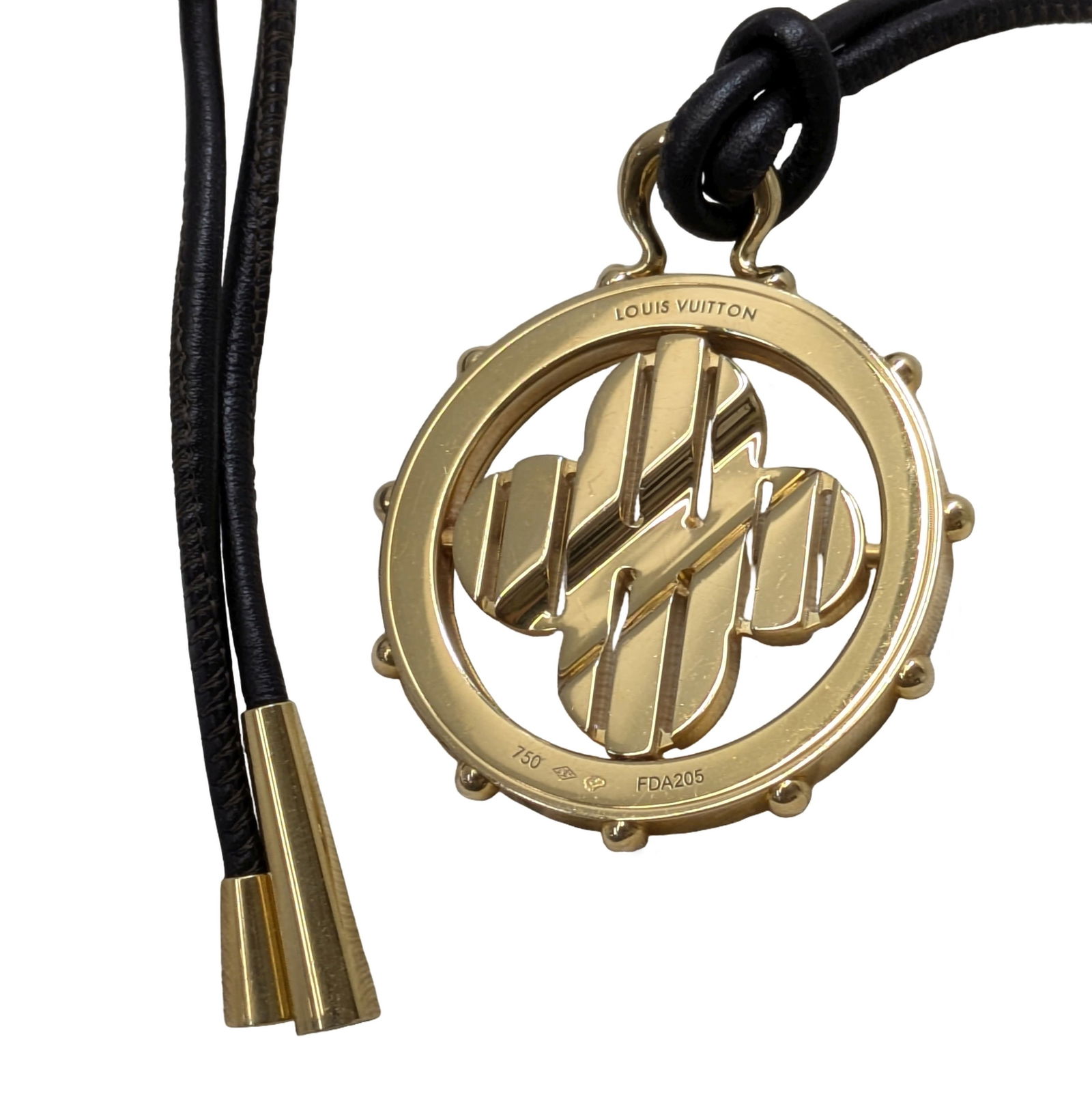 Louis Vuitton 18K Gold Heavy Pendant w/ Cord Necklace or Bolo Tie Numbered Designer Signed: Described & Photographed By: Dillon DT70740 NGMDD Title: Louis Vuitton 18K Gold Heavy Pendant w/ Cord Necklace or Bolo Tie Numbered Designer Signed Description:Louis Vuitton 18K Gold Heavy Pendant w/