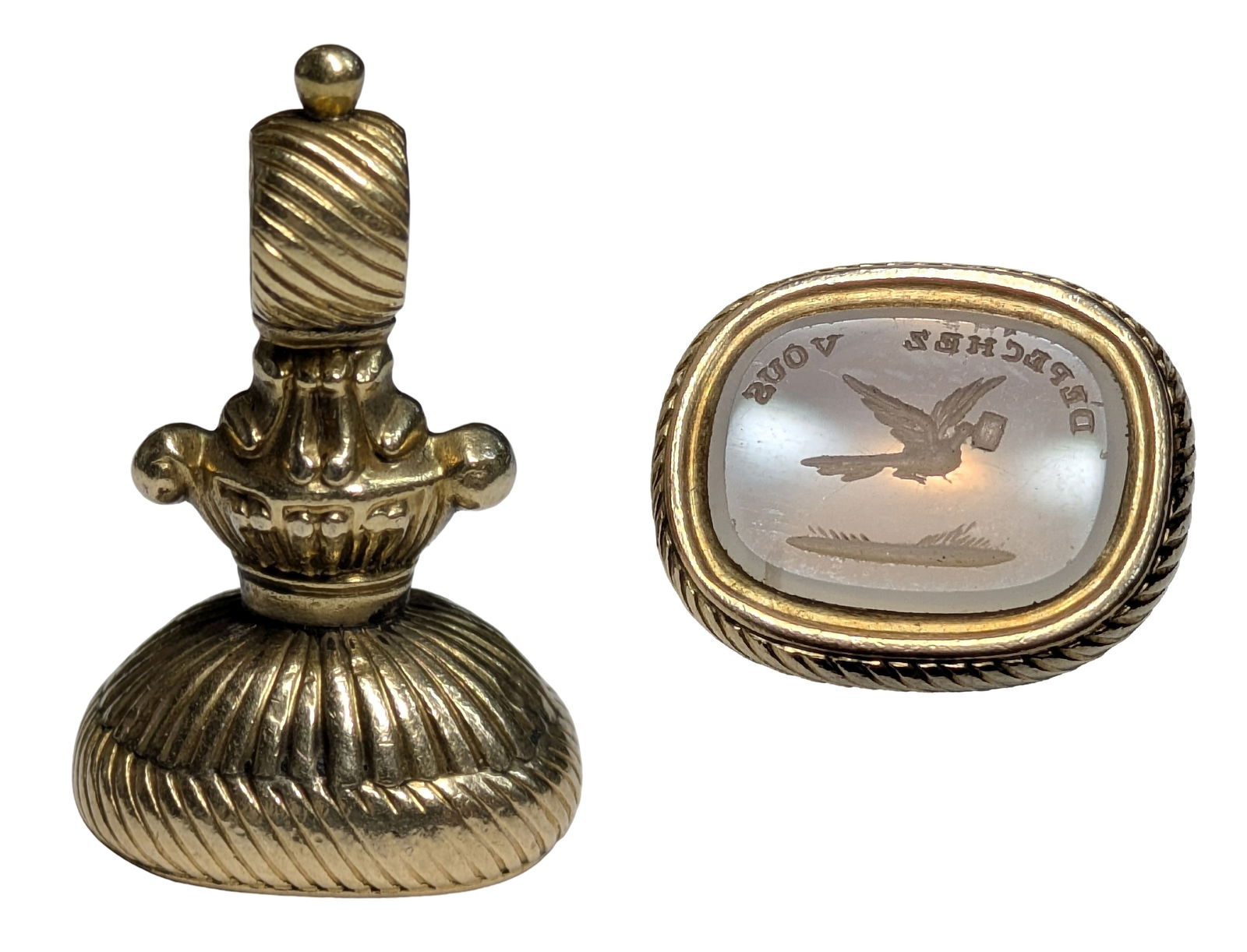 Antique Gold Filled Carved Chalcedony French Dove Depechez Vouz Pocket Watch Fob: Described & Photographed By: Dillon CNX 0444 1425 Title: Antique Gold Filled Carved Chalcedony French Dove Depechez Vouz Pocket Watch Fob Description:Antique Gold Filled Carved Chalcedony French Dove