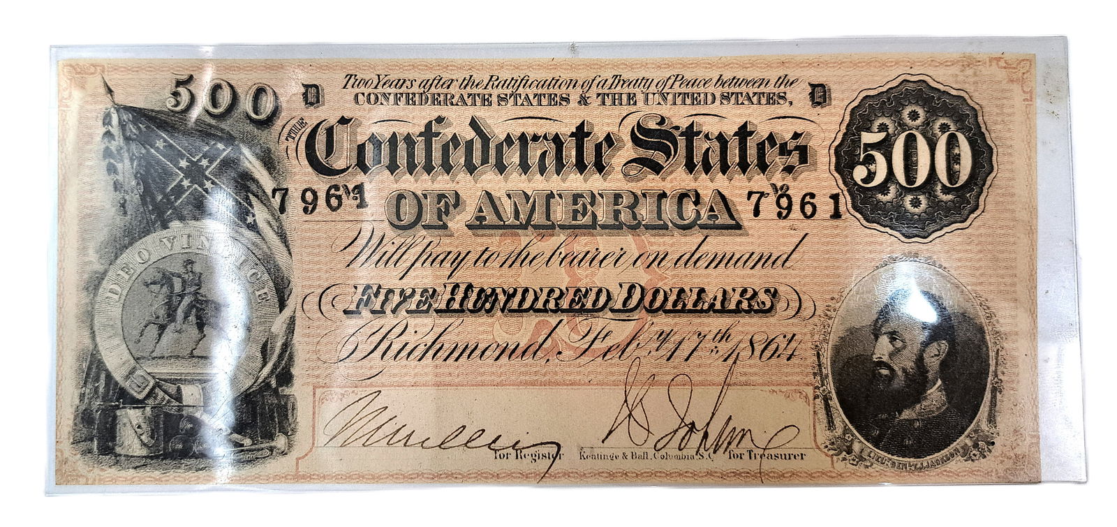 500 Dollar CSA Bank Note 1864 Confederate States Dollar Bill Columbia South Carolina SC Lieutenant: Described By:Rafe HFAVX Title:500 Dollar CSA Bank Note 1864 Confederate States Dollar Bill Columbia South Carolina SC Lieutenant General Jackson Portrait Denomination:500 Dollars Description:500 D