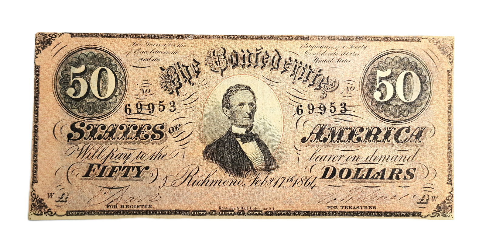 Confederate States 50 Dollar CSA Bank Note 1864 Dollar Bill Columbia South Carolina SC Number 69953: Described By:Rafe HFAVX Title:Confederate States 50 Dollar CSA Bank Note 1864 Dollar Bill Columbia South Carolina SC Number 69953 Denomination:50 Dollars Description:50 Dollar CSA Bank Note 1864 Co