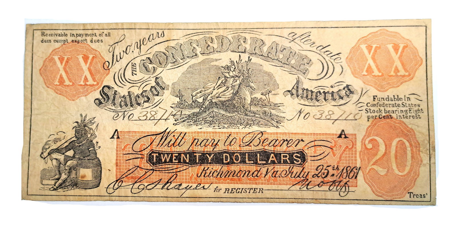 Scarce July 25th 1861 Confederate States 20 Dollar CSA Bank Note Dollar Bill Richmond Virginia VA: Described By:Rafe HFAVX Title:Scarce July 25th 1861 Confederate States 20 Dollar CSA Bank Note Dollar Bill Richmond Virginia VA Denomination:20 Dollars Description:Scarce July 25th 1861 Confederate