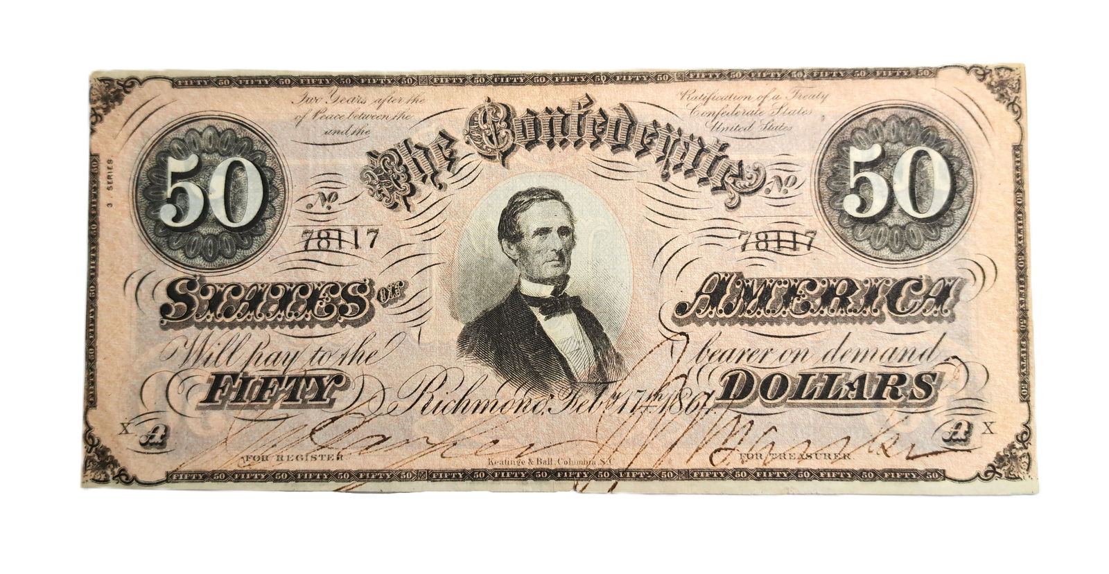 CSA 50 Dollar 1864 Confederate States Bank Note Dollar Bill Columbia South Carolina SC Number 78117: Described By:Rafe HFAVX Title: CSA 50 Dollar 1864 Confederate States Bank Note Dollar Bill Columbia South Carolina SC Number 78117 Denomination:50 Dollars Description:1864 Confederate States 50 Dol