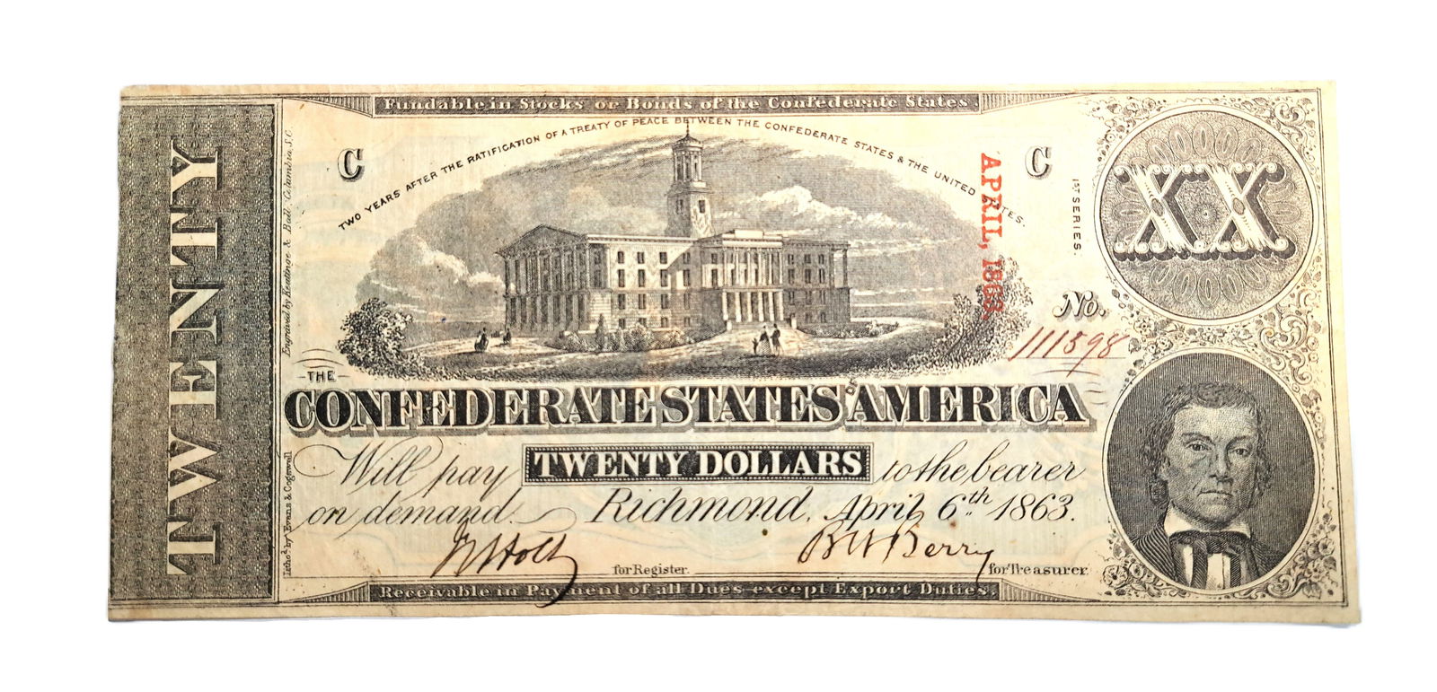 CSA Bank Note 1863 20 Dollar Confederate States Currency Columbia South Carolina SC Alexander H.: Described By:Rafe HFAVX Title:CSA Bank Note 1863 20 Dollar Confederate States Currency Columbia South Carolina SC Alexander H. Stephens Denomination:$20 Description:Confederate States Currency 1863