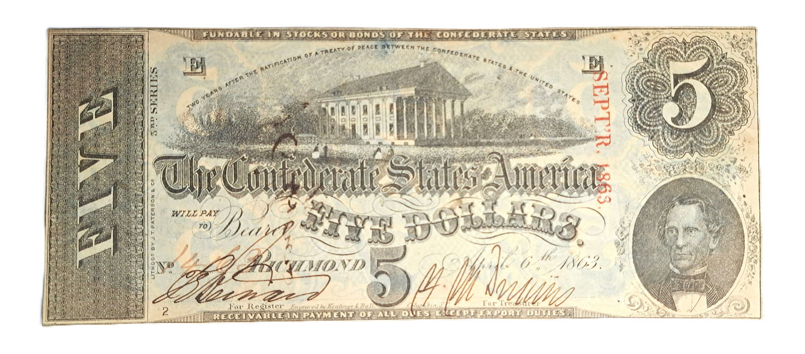 Confederate States 1863 5 Dollar CSA Bank Note Dollar Bill Columbia South Carolina SC Currency: Described By:Rafe HFAVX Title:Confederate States 1863 5 Dollar CSA Bank Note Dollar Bill Columbia South Carolina SC Currency Denomination:$5 Description:1863 Confederate States 5 Dollar CSA Bank No