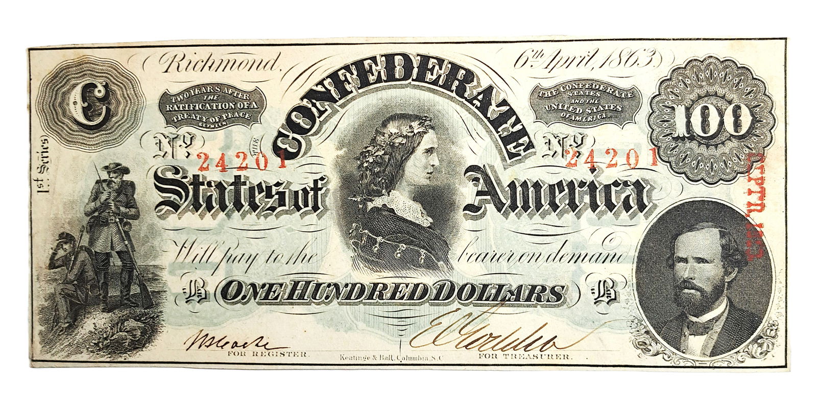 1863 Civil War Era 100 Dollar Confederate States CSA Bank Note Dollar Bill Columbia South Carolina: Described By:Rafe HFAVX Title:1863 Civil War Era 100 Dollar Confederate States CSA Bank Note Dollar Bill Columbia South Carolina SC George Wyth Randolph Denomination:$100 Description:1863 Civil War