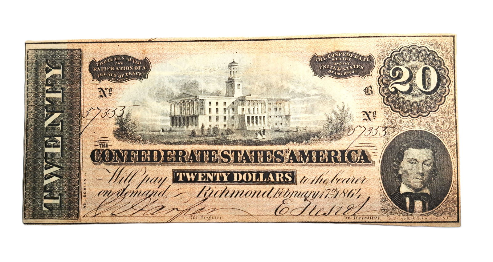 CSA 1863 Confederate States 20 Dollar Bank Note Dollar Bill Columbia South Carolina SC Tennessee: Described By:Rafe HFAVX Title:CSA 1863 Confederate States 20 Dollar Bank Note Dollar Bill Columbia South Carolina SC Tennessee Nashville Capital Denomination:$20 Description:1863 Confederate States